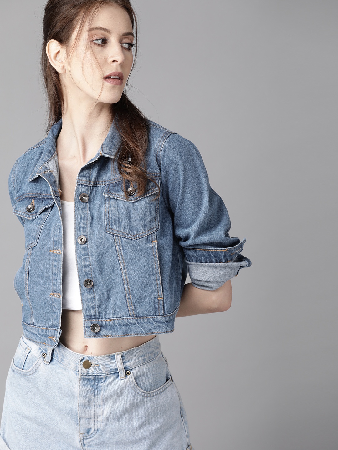 

Roadster Women Navy Blue Washed Cropped Denim Jacket