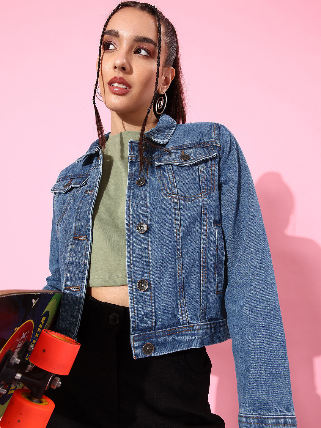 

Roadster Women Blue Washed Antiviral Protective Finish Denim Trucker Jacket