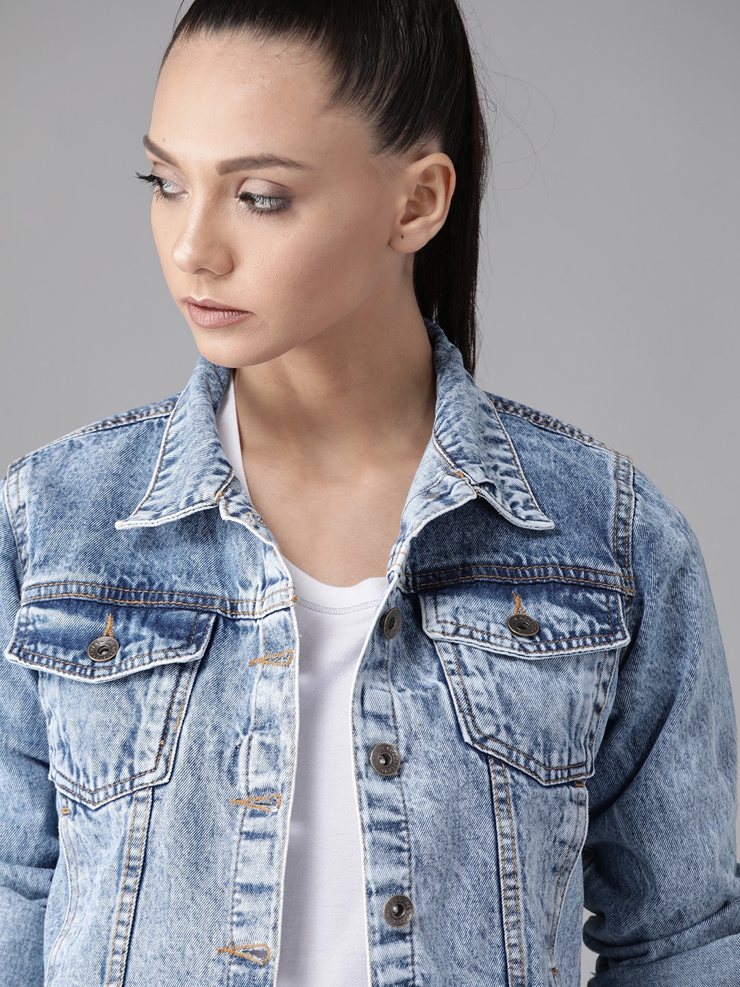 

Roadster Women Blue Washed Crop Denim Jacket