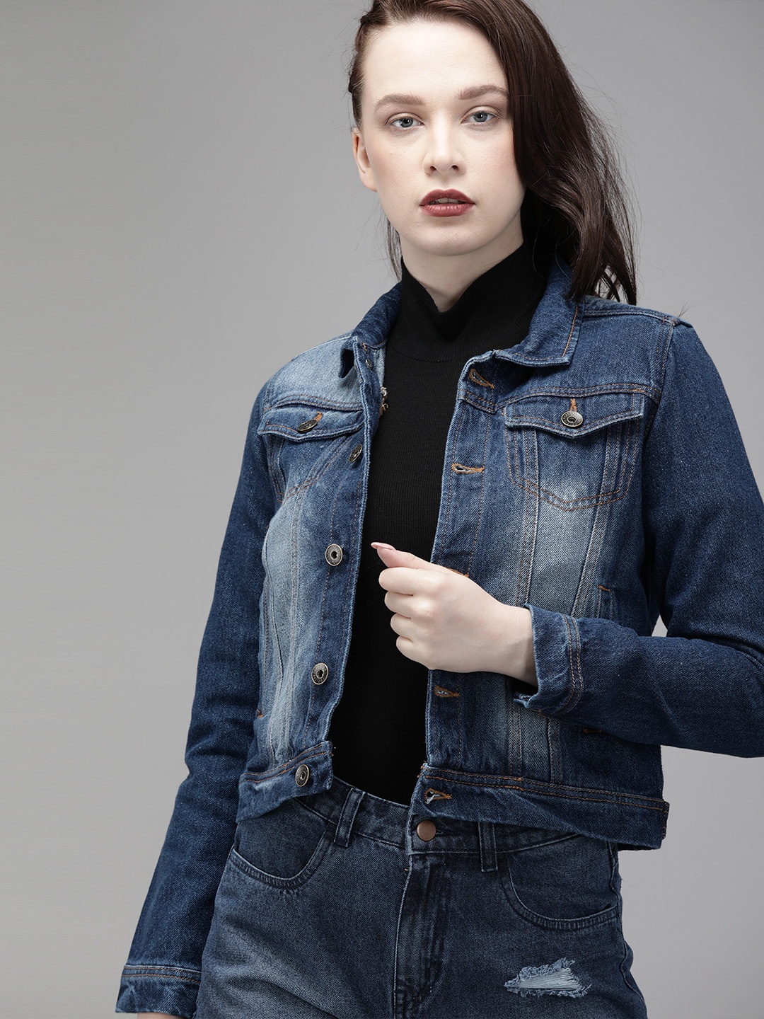 

Roadster Women Blue Washed Antiviral Protective Finish Denim Trucker Jacket