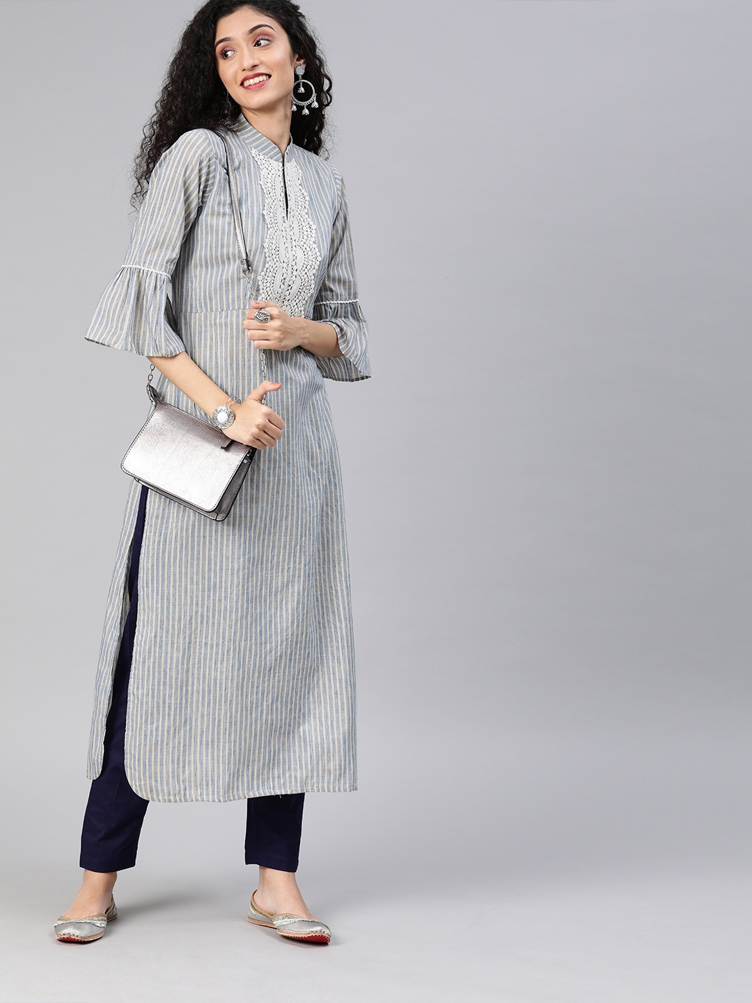 

Inddus Women Blue & Beige Striped Straight Kurta With Lace Inserts