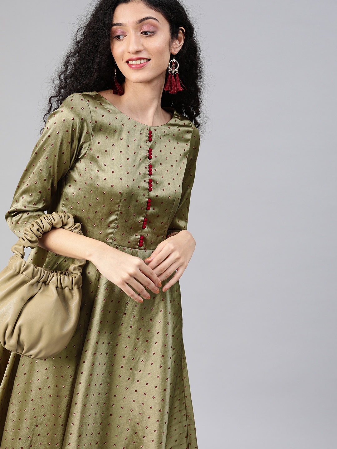 

Inddus Women Olive Green & Red Woven Design Anarkali Kurta