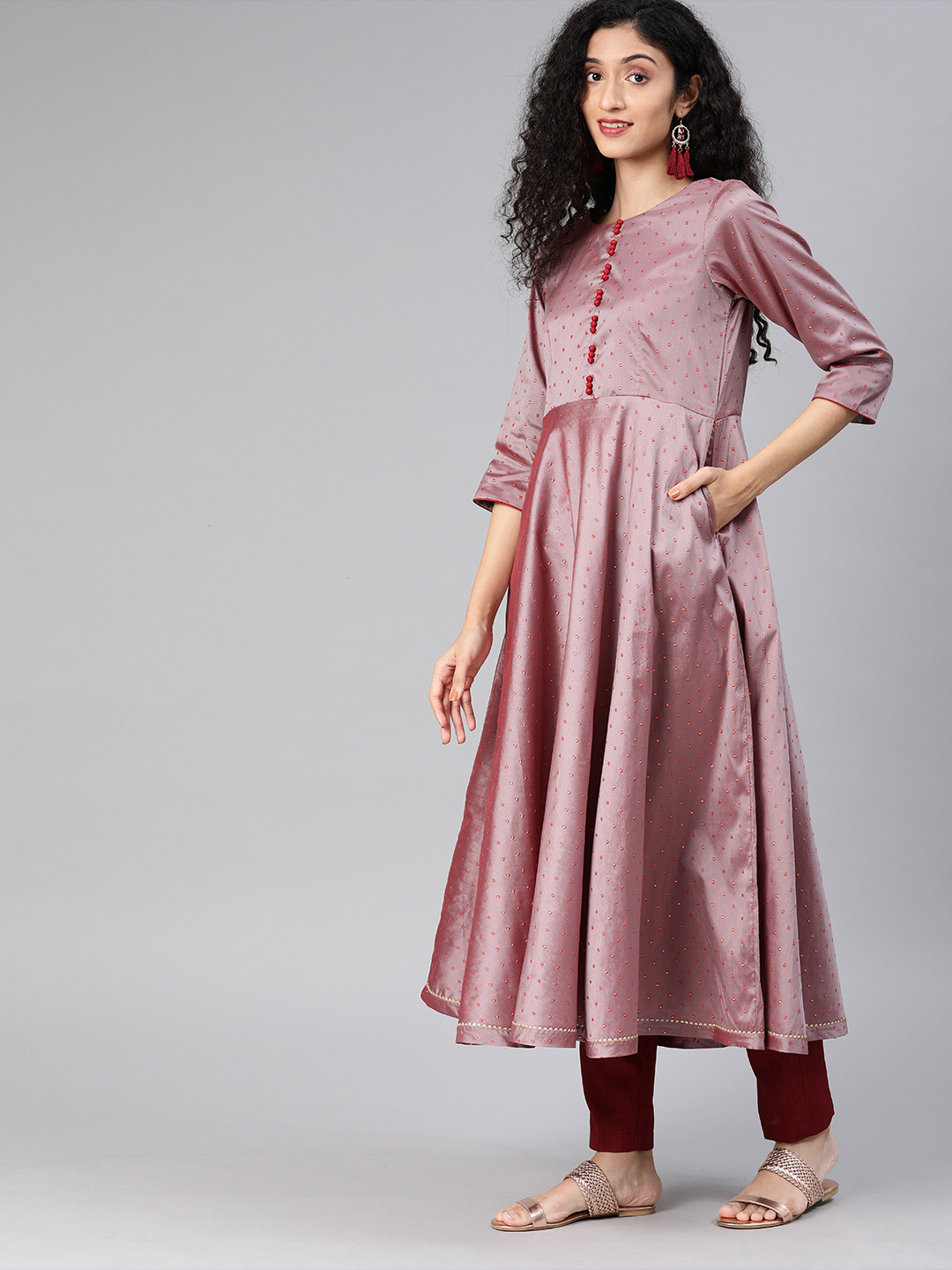 

Inddus Women Lavender & Red Woven Design A-line Kurta