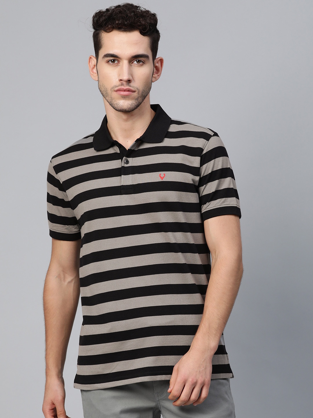 

Allen Solly Men Black & Grey Striped Polo Collar T-shirt