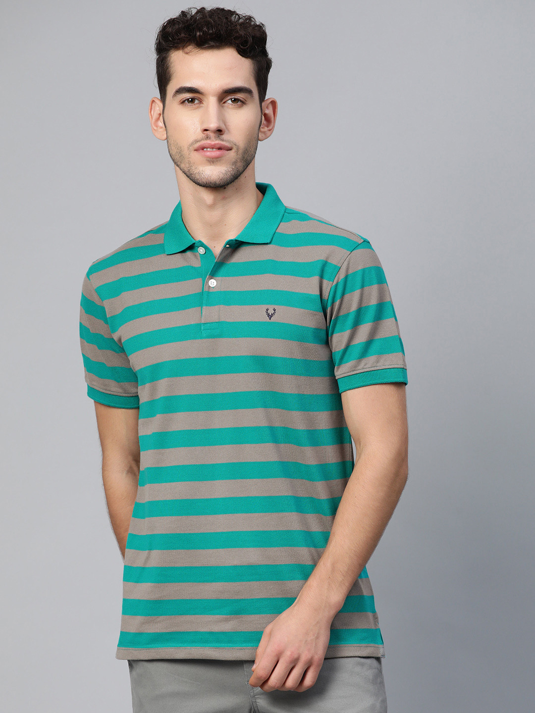 

Allen Solly Men Green & Grey Striped Polo Collar T-shirt