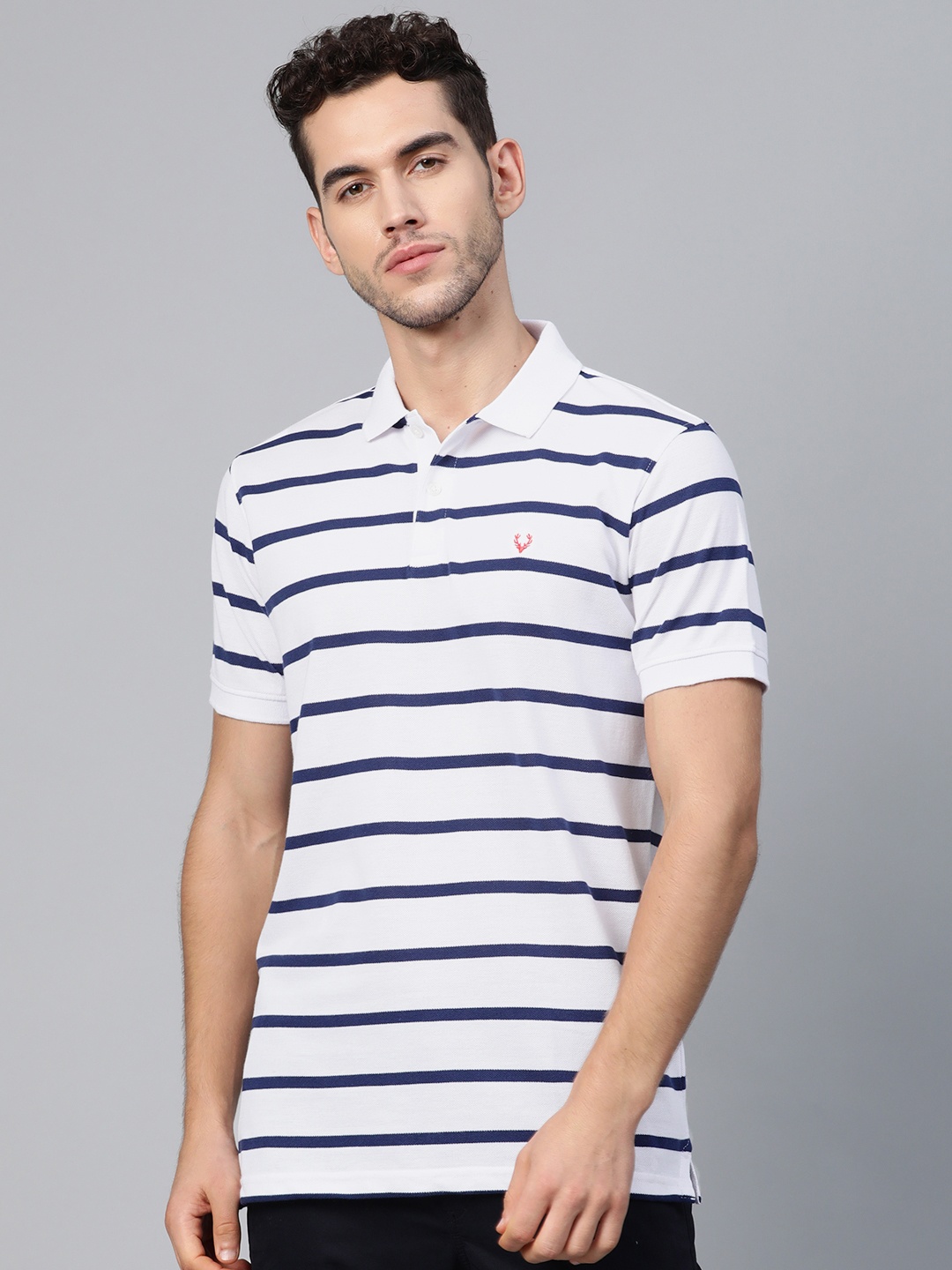 

Allen Solly Men White & Navy Blue Striped Polo Collar T-shirt