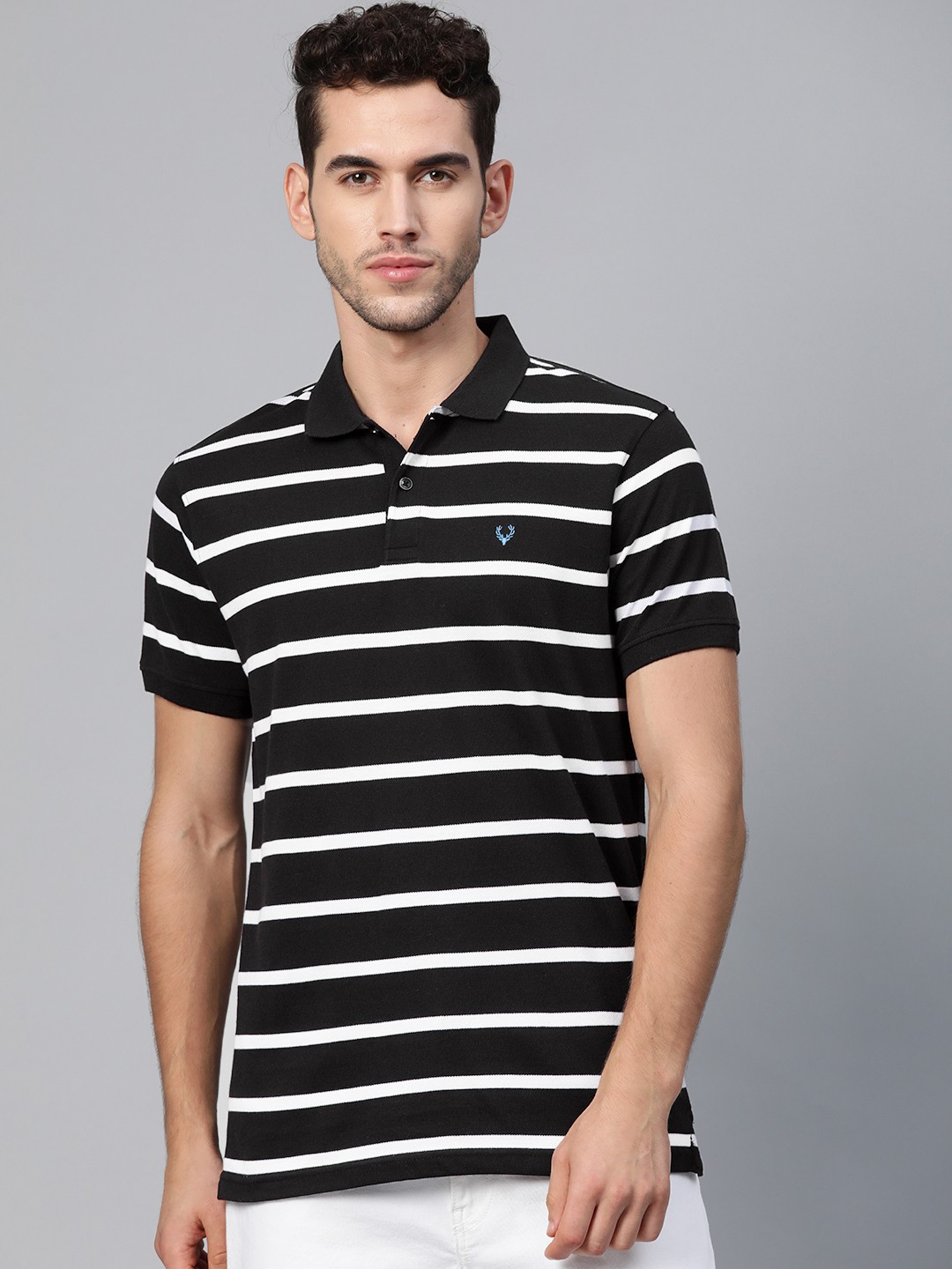 

Allen Solly Men Black & White Striped Polo Collar T-shirt