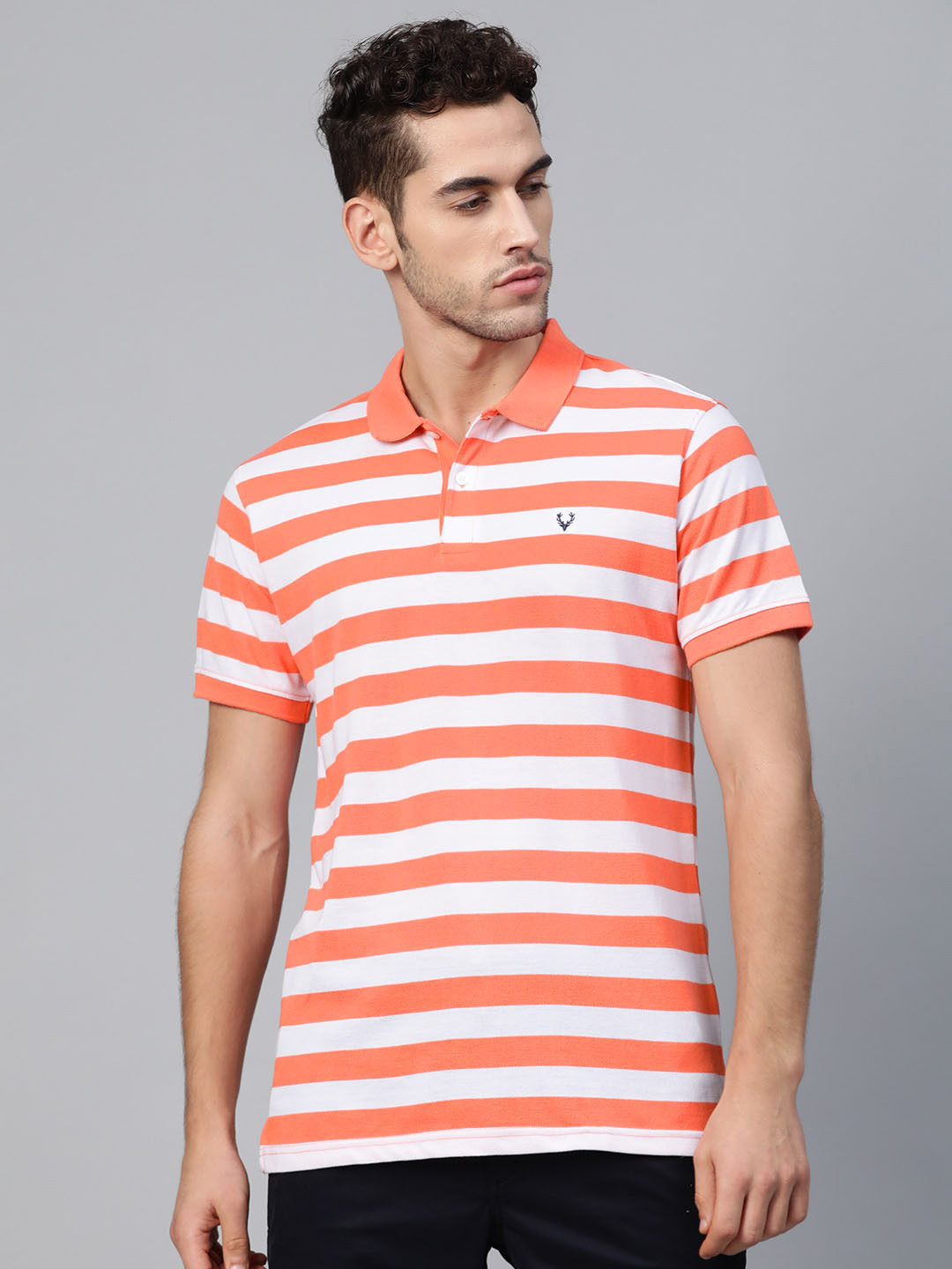 

Allen Solly Men White & Coral Orange Striped Polo Collar T-shirt