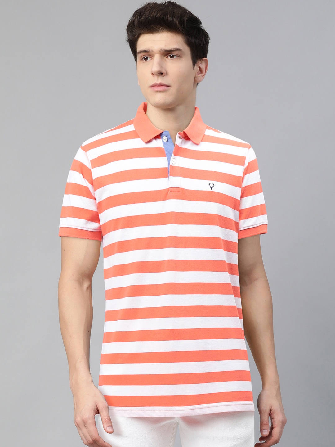 

Allen Solly Men Coral Orange & White Striped Polo Collar T-shirt