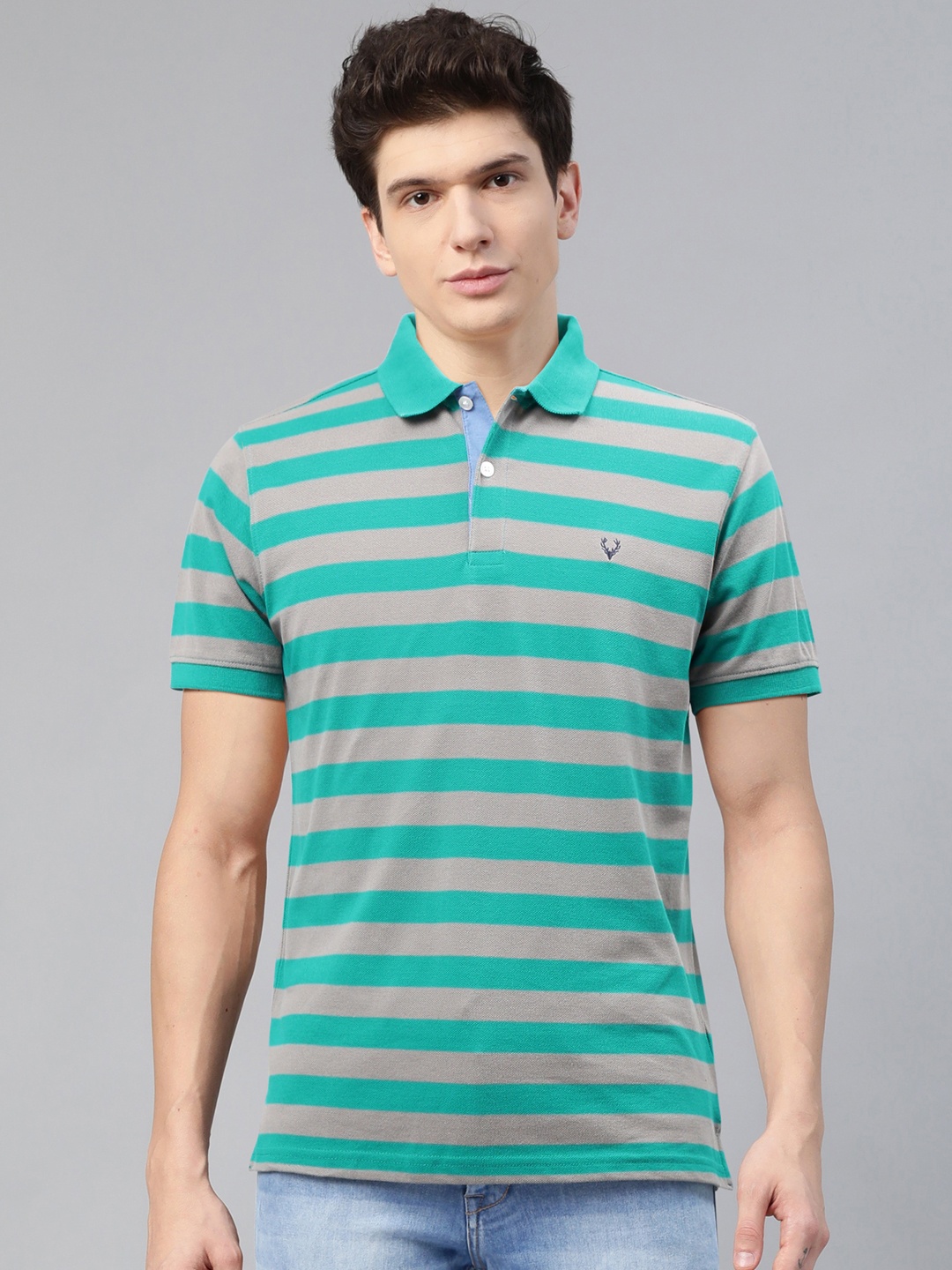 

Allen Solly Men Green & Grey Striped Polo Collar T-shirt