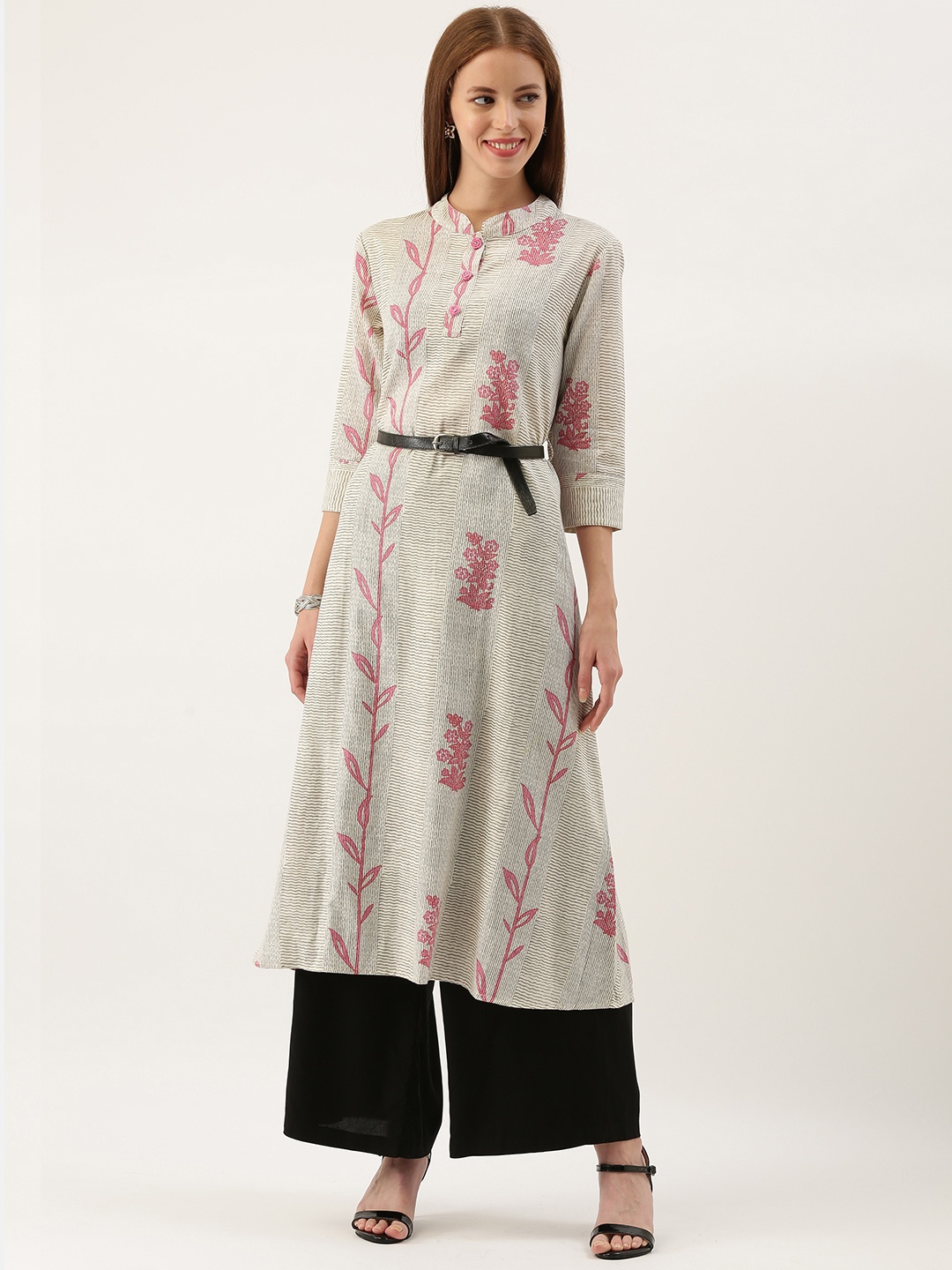 

FABRIC FITOOR Women Off-White & Pink Printed A-Line Kurta with Belt