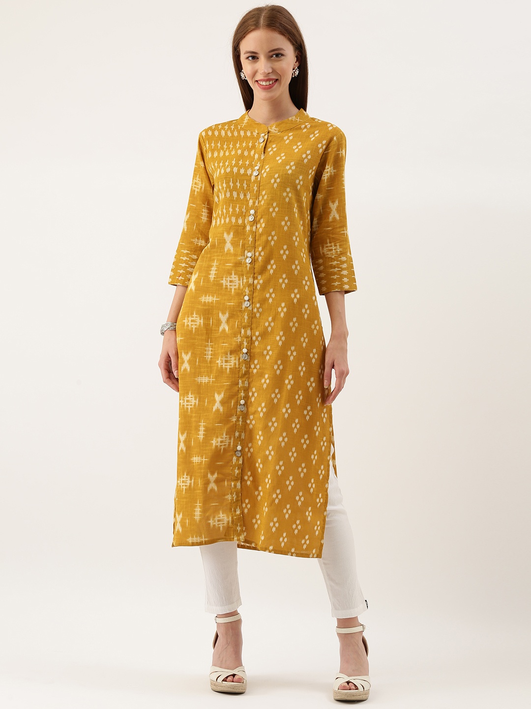 

FABRIC FITOOR Women Mustard Yellow & White Printed Straight Kurta