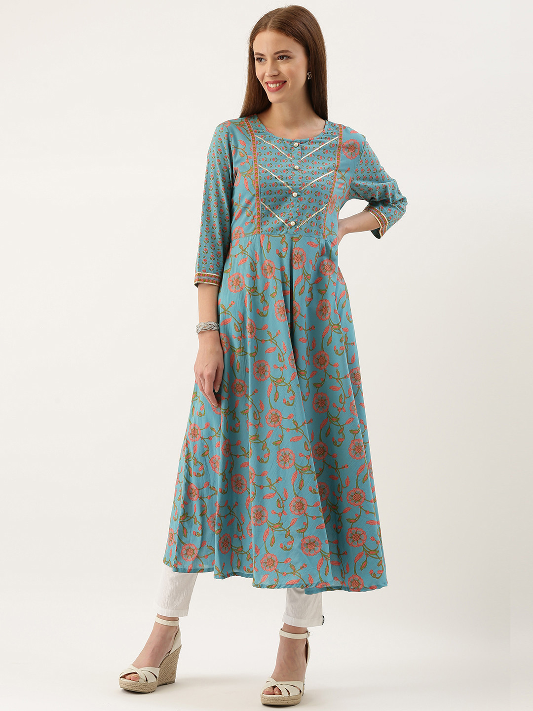 

FABRIC FITOOR Women Sea Green Printed Anarkali Kurta