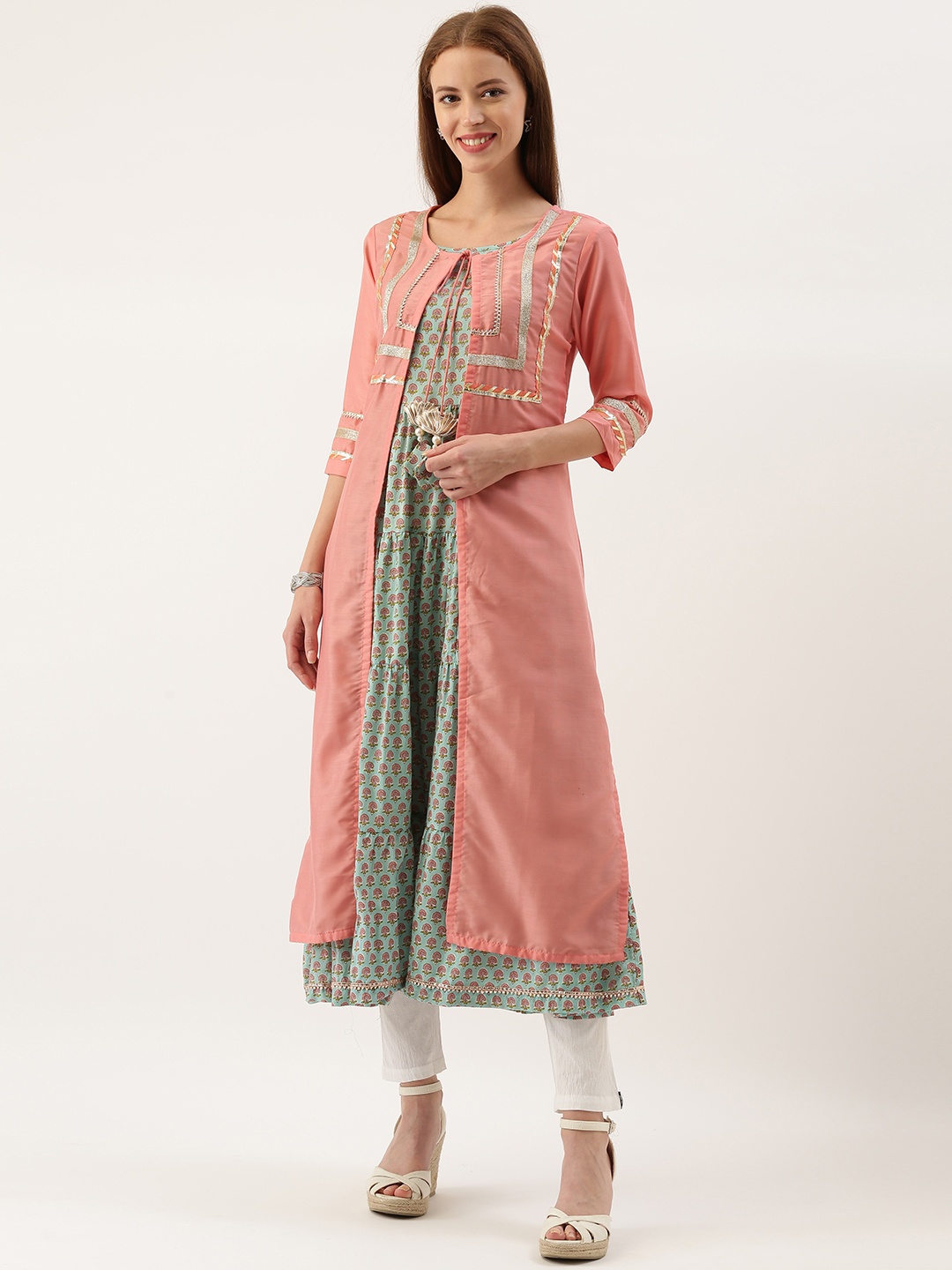 

FABRIC FITOOR Women Sea Green & Pink Printed A-Line Layered Kurta