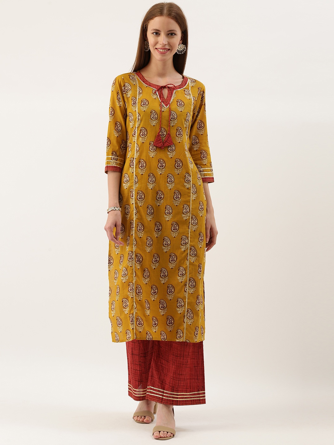 

FABRIC FITOOR Women Mustard & Red Printed Kurta with Palazzos