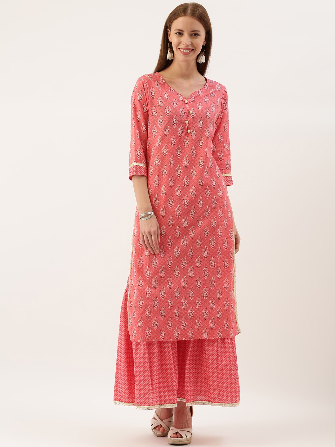 

FABRIC FITOOR Women Pink & White Printed Kurta with Sharara