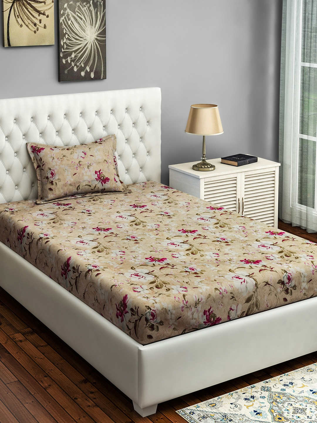 

SWAYAM White Zinnia Floral Print 250 TC Mercerized Cotton Single Bedsheet Set, Beige