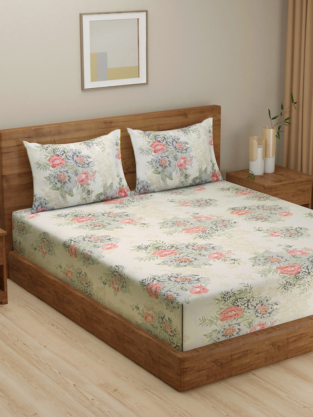 

SWAYAM White & Zinnia Floral Print 250 TC Mercerized Cotton King Bedsheet Set, Beige