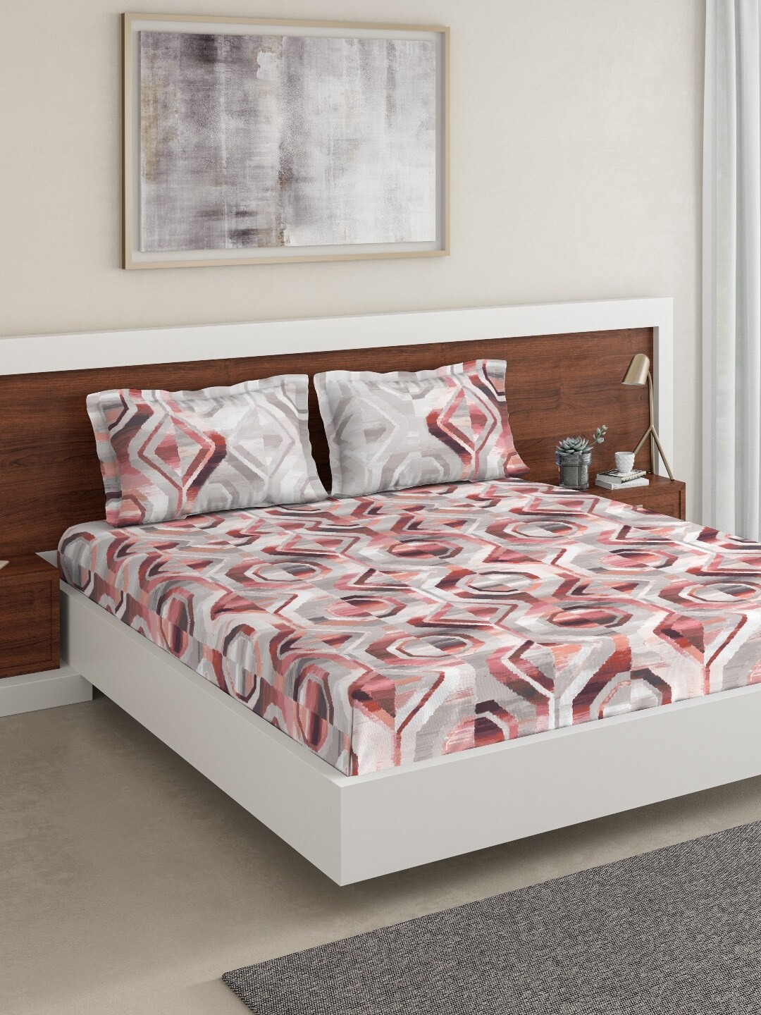 

DDecor Red & White Geometric 180 TC Cotton 1 King Bedsheet with 2 Pillow Covers