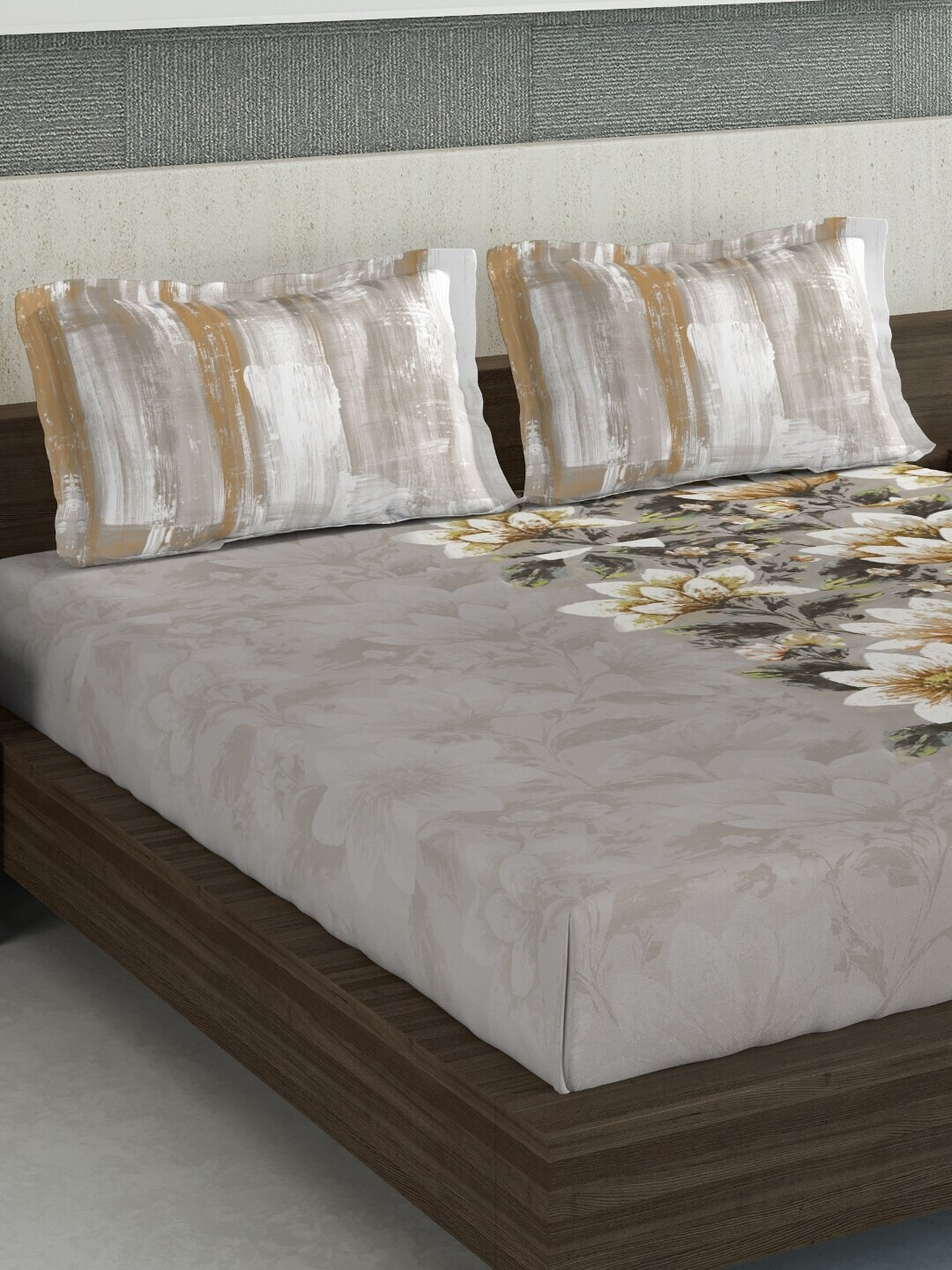 

DDecor Beige Floral 210 TC Cotton 1 King Bedsheet with 2 Pillow Covers
