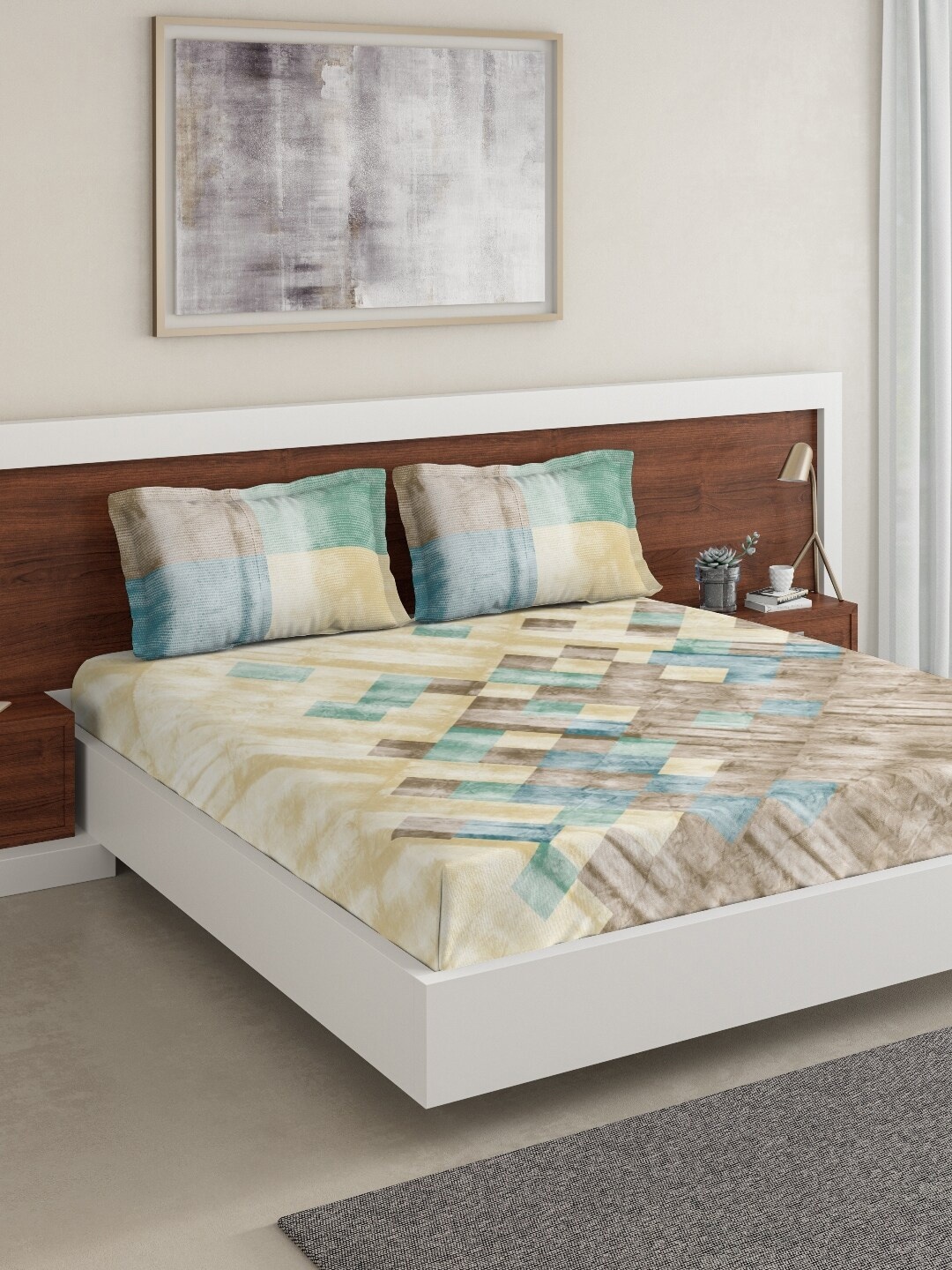 

DDecor Brown & Blue Geometric 140 TC Cotton 1 King Bedsheet with 2 Pillow Covers