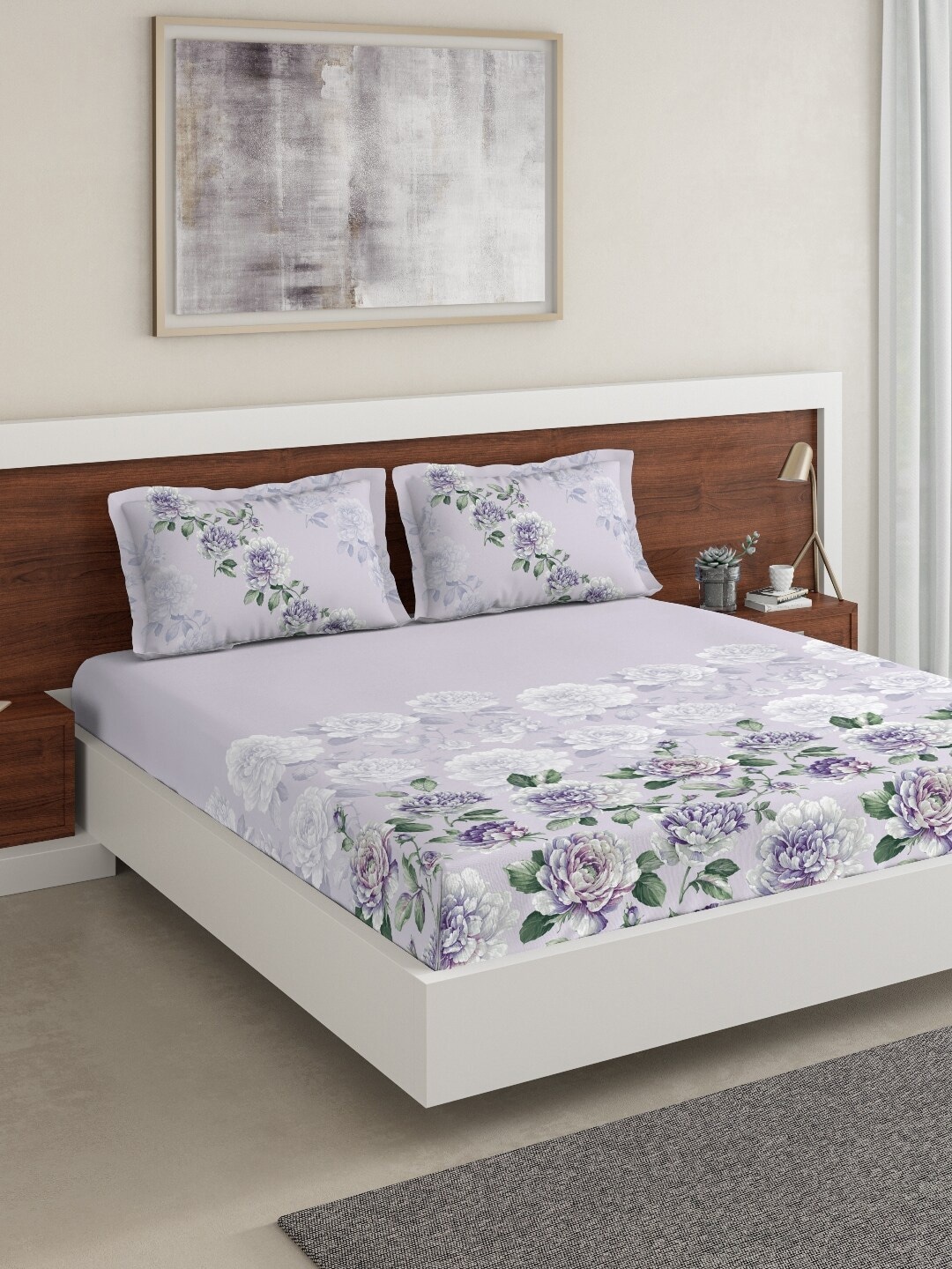 

DDecor Purple Floral 180 TC Cotton 1 King Bedsheet with 2 Pillow Covers