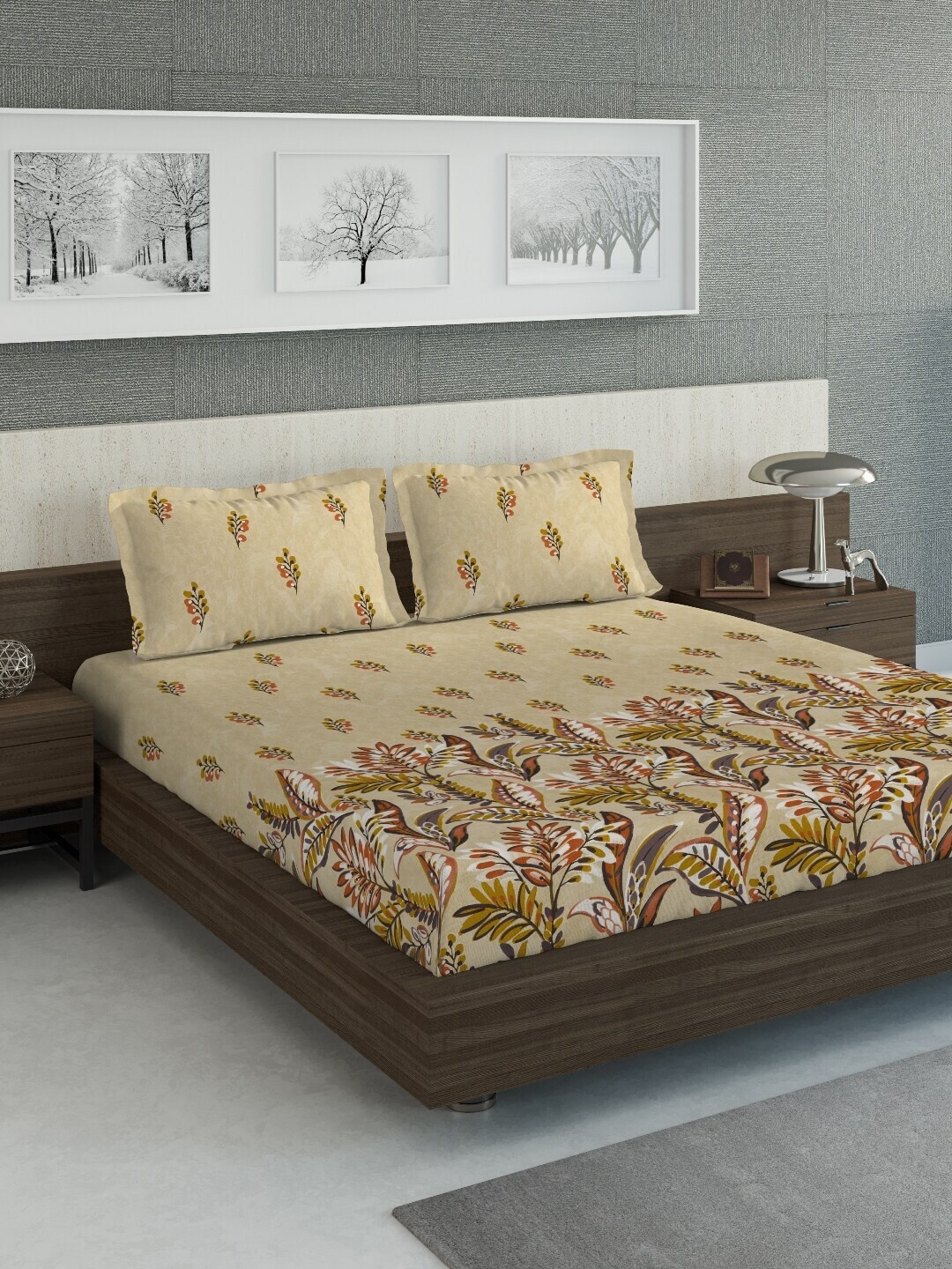 

DDecor Yellow Floral 210 TC Cotton 1 King Bedsheet with 2 Pillow Covers