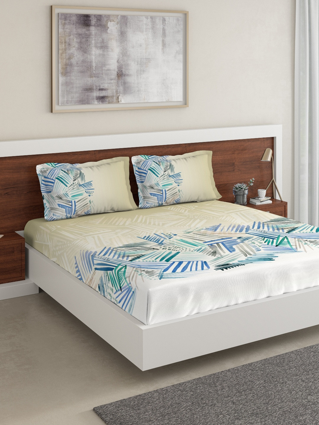 

DDecor Beige & Blue Geometric 140 TC Cotton 1 King Bedsheet with 2 Pillow Covers