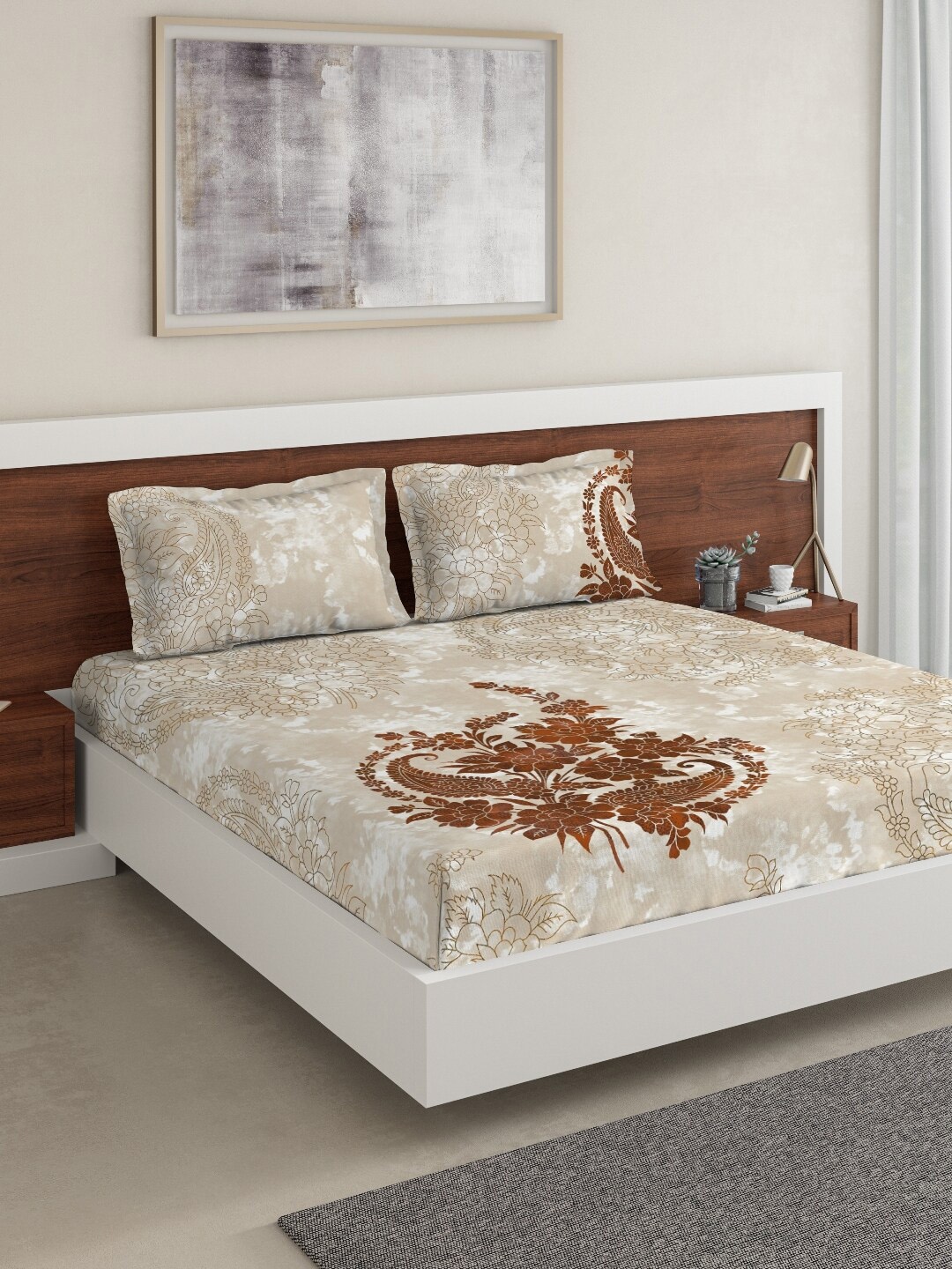 

DDecor Beige Floral 180 TC Cotton 1 King Bedsheet with 2 Pillow Covers
