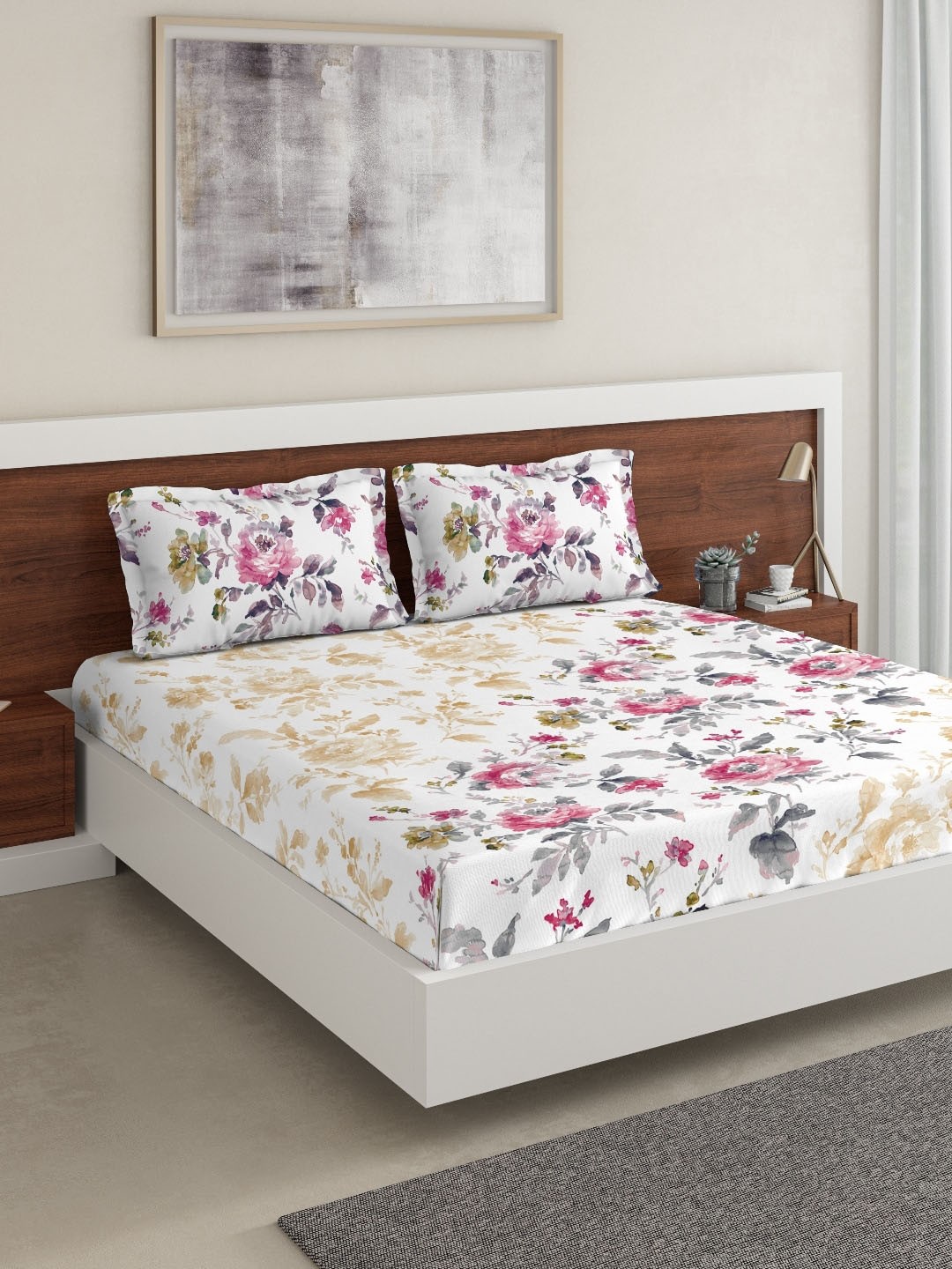 

DDecor White & Red Floral 140 TC Cotton 1 King Bedsheet with 2 Pillow Covers