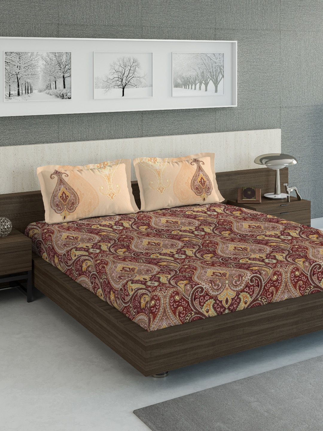 

DDecor Red & Beige Ethnic Motifs 400 TC Cotton 1 King Bedsheet with 2 Pillow Covers