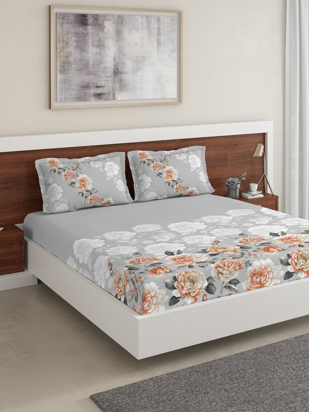 

DDecor Grey & Orange Floral 180 TC Cotton 1 King Bedsheet with 2 Pillow Covers