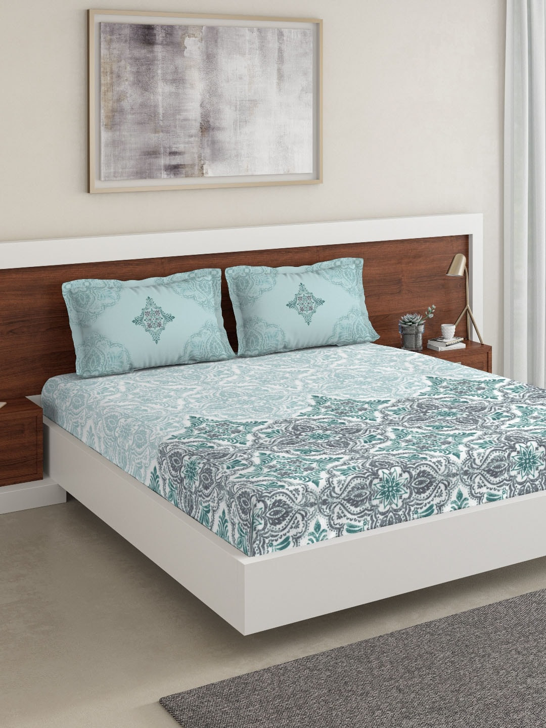 

DDecor Turquoise Blue Ethnic Motifs 180 TC Cotton 1 King Bedsheet with 2 Pillow Covers