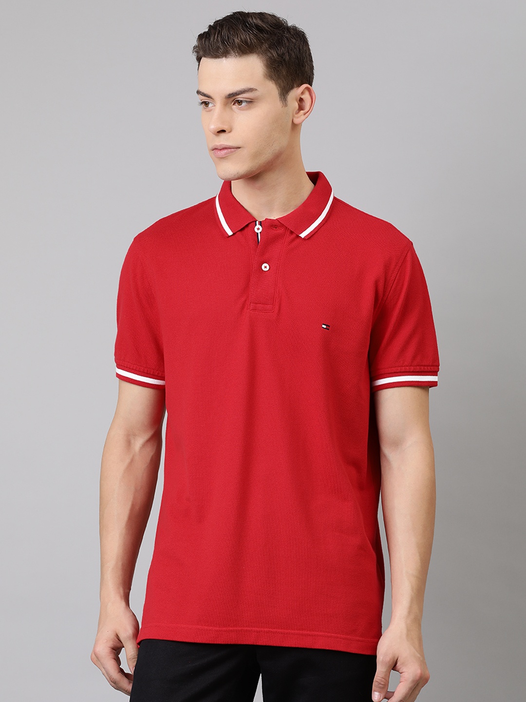 

Tommy Hilfiger Men Red Solid Polo Collar Pure Cotton T-shirt