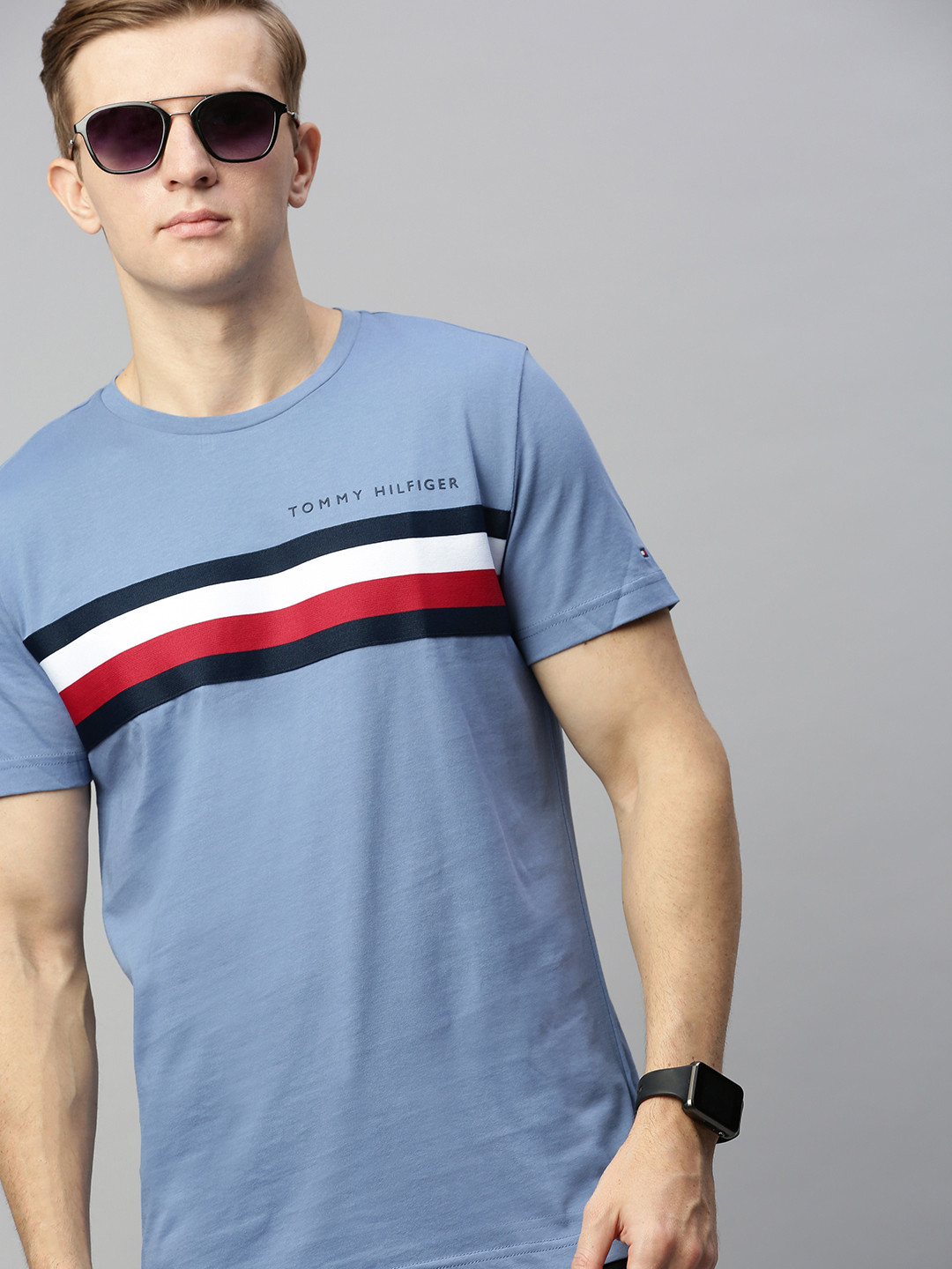 

Tommy Hilfiger Men Blue White Striped Round Neck Pure Cotton T-shirt