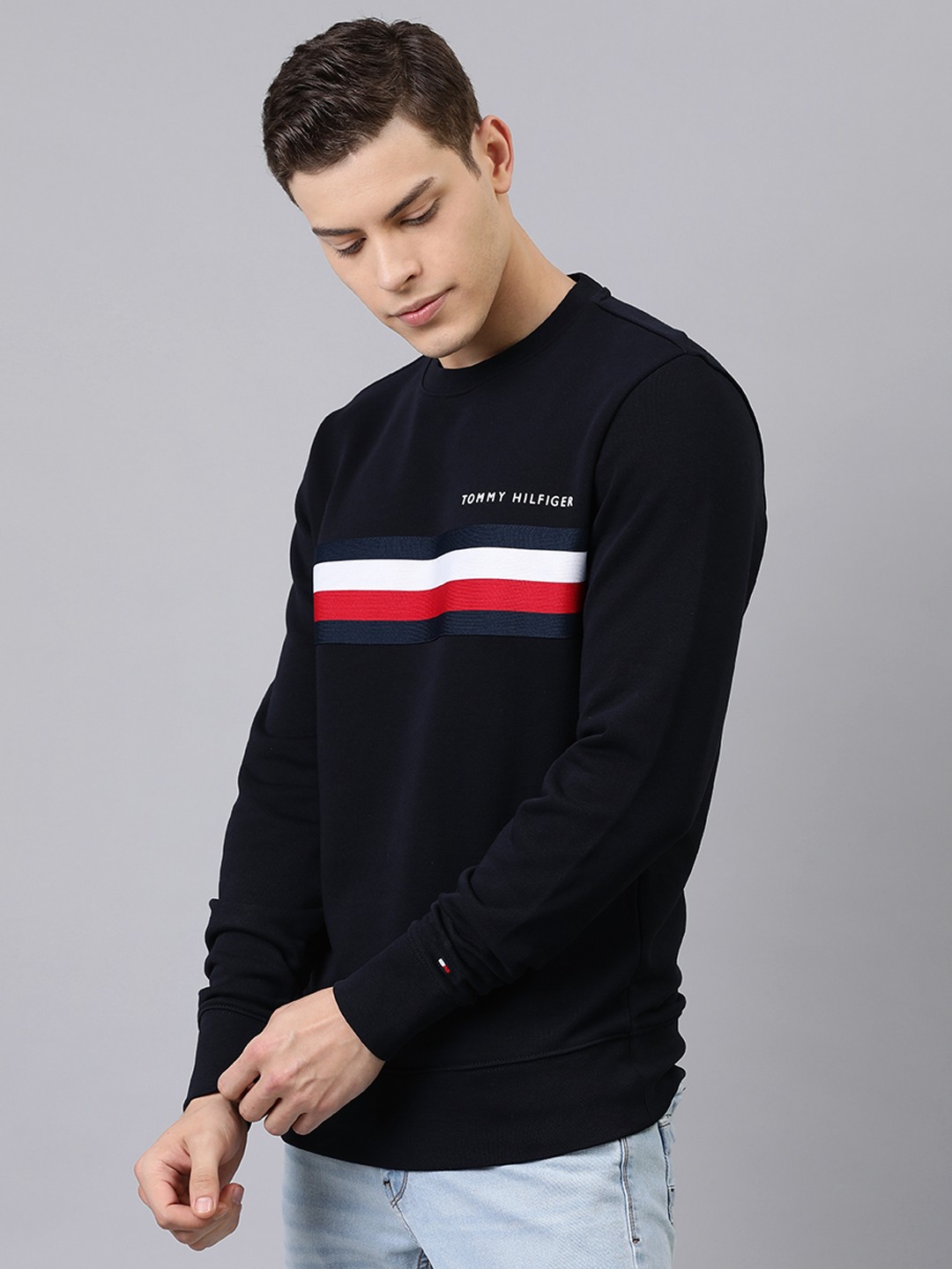 

Tommy Hilfiger Men Navy Blue & White Striped Sweatshirt