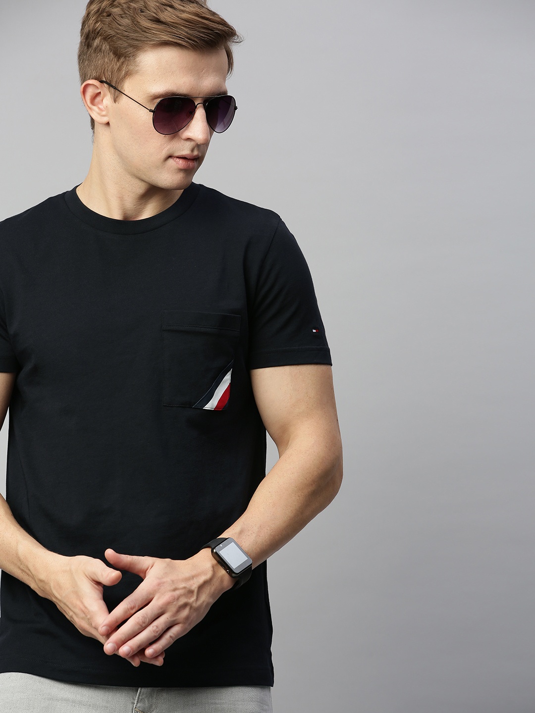

Tommy Hilfiger Men Navy Blue Solid Round Neck Pure Cotton T-shirt