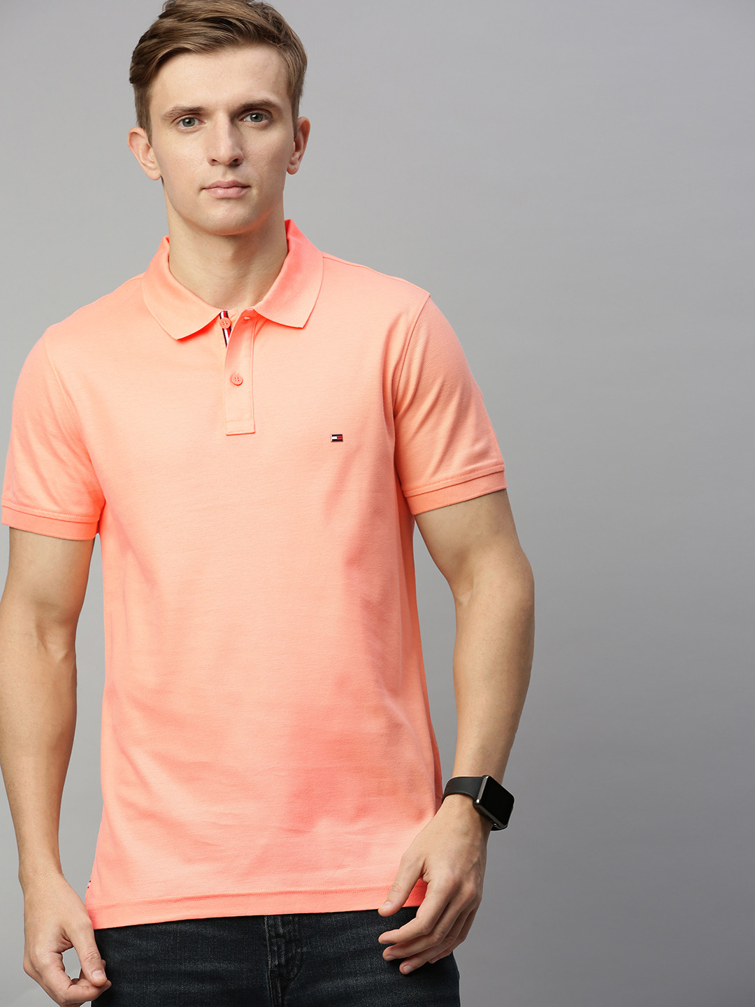 

Tommy Hilfiger Men Peach-Coloured Slim Fit Solid Polo Collar Pure Cotton T-shirt