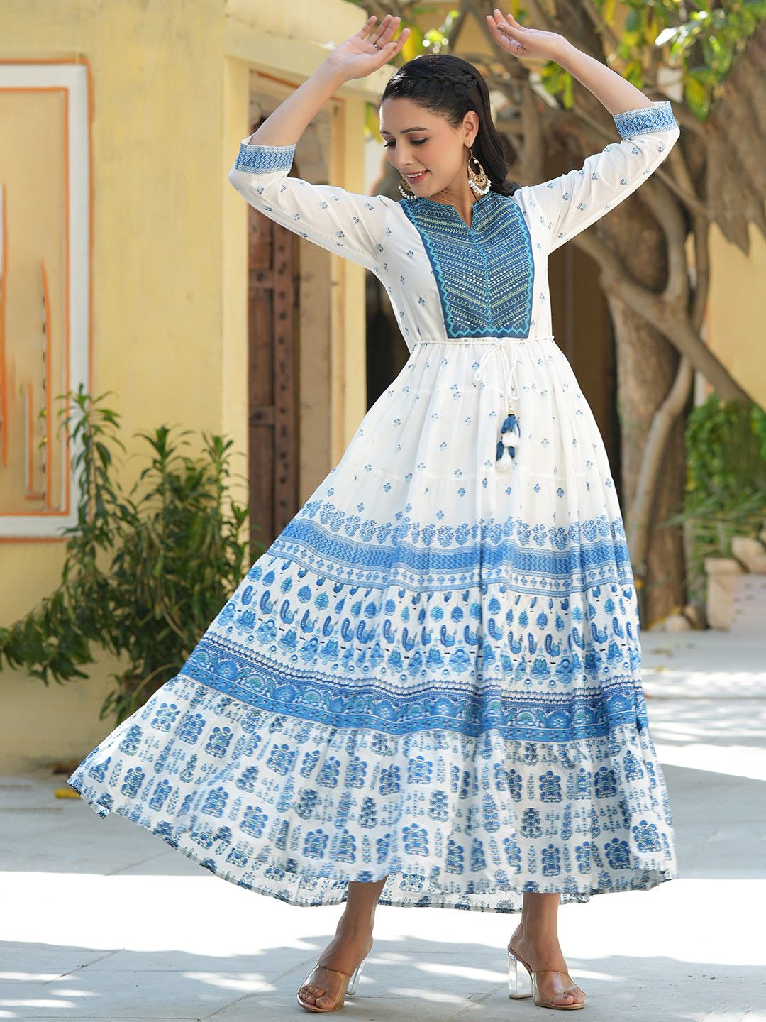 

Juniper Women Blue & White Printed Embroidered Tiered Maxi Dress