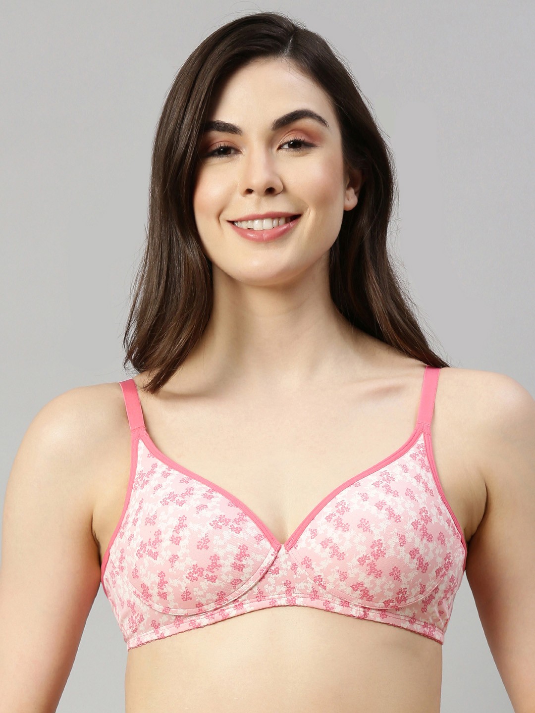

Enamor Pink Print Non-Wired Padded Medium Coverage Tshirt Bra A042, Off white