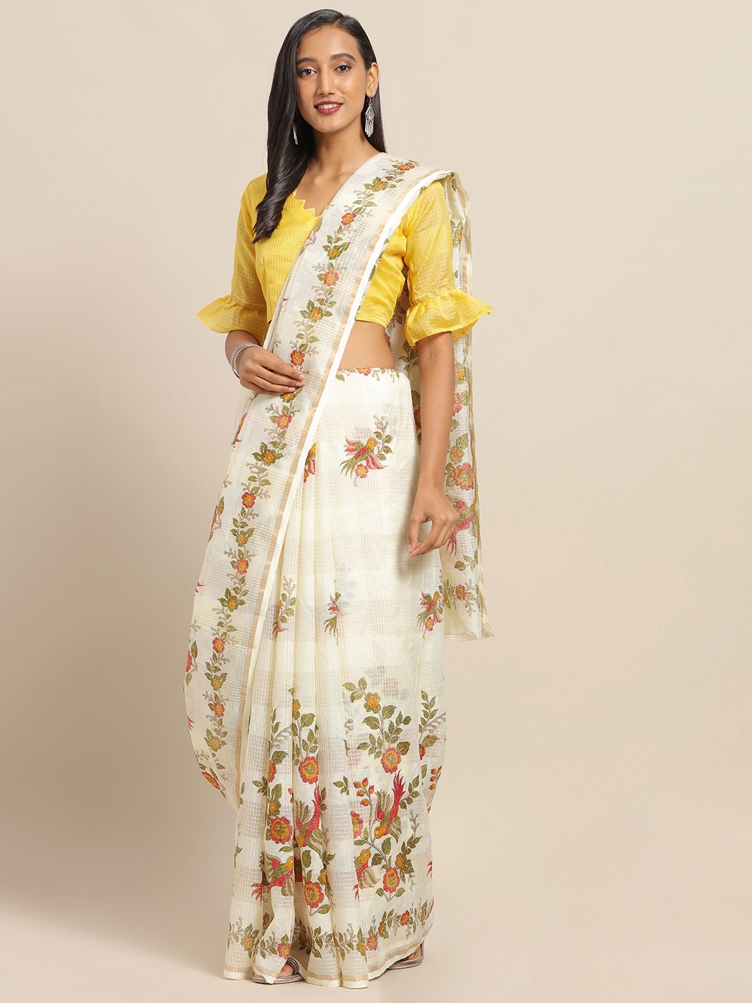 

Saree mall Off-White & Green Linen Blend Embroidered Saree