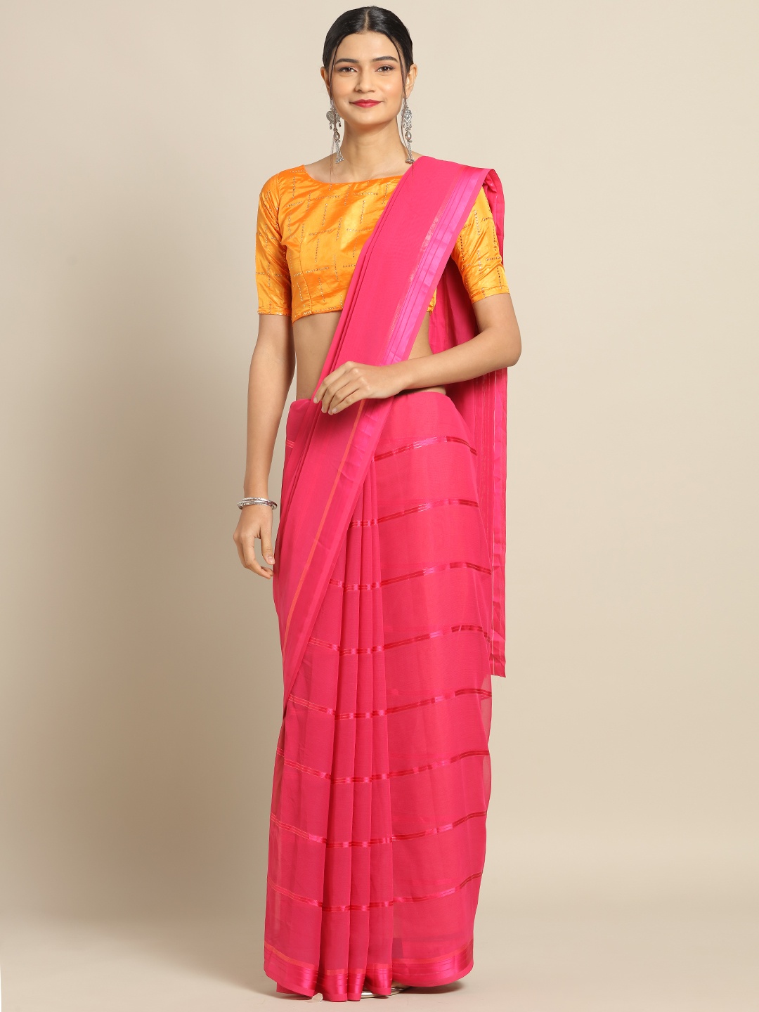 

Saree mall Pink Striped Poly Georgette Saree