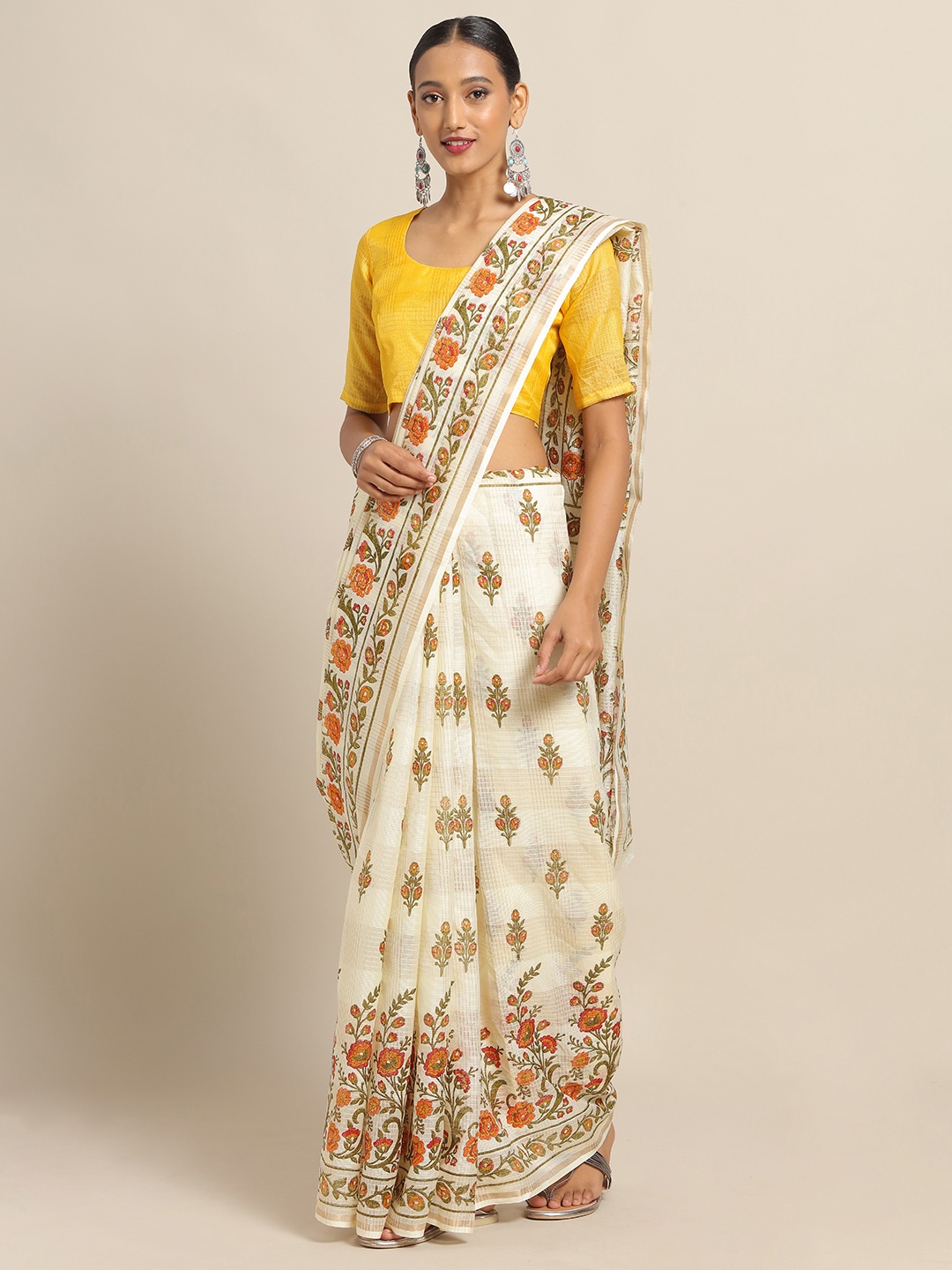 

Saree mall Cream-Coloured & Yellow Linen Blend Printed Saree