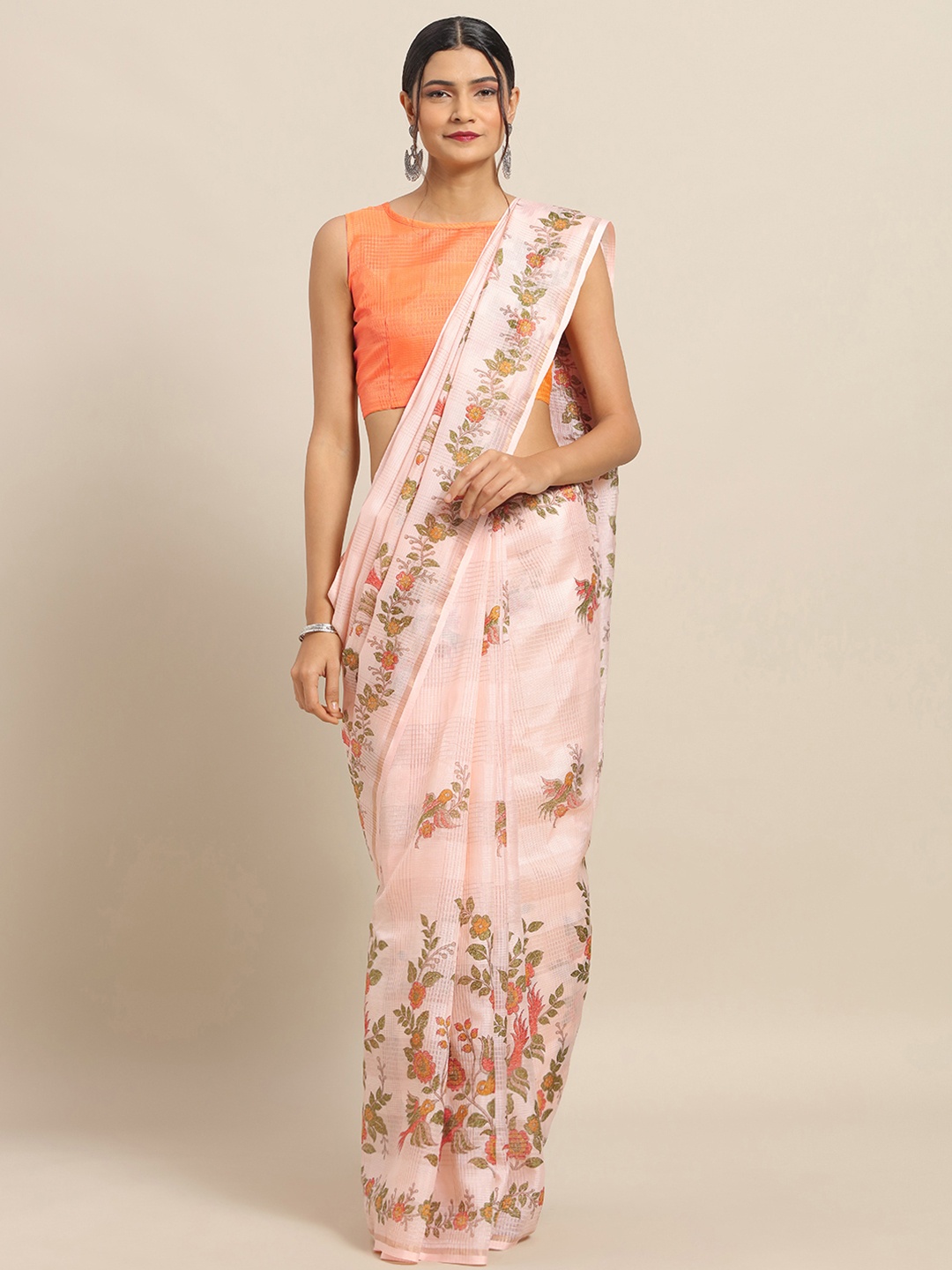 

Saree mall Peach-Coloured & Orange Linen Blend Floral Printed Saree