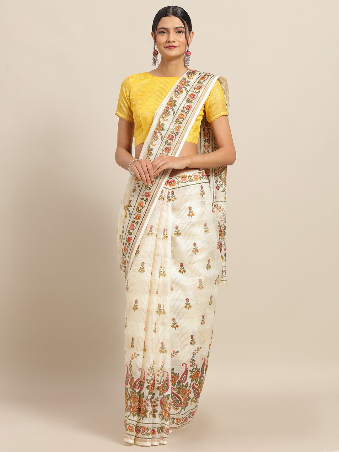 

Saree mall Cream-Coloured & Yellow Linen Blend Floral Printed Saree