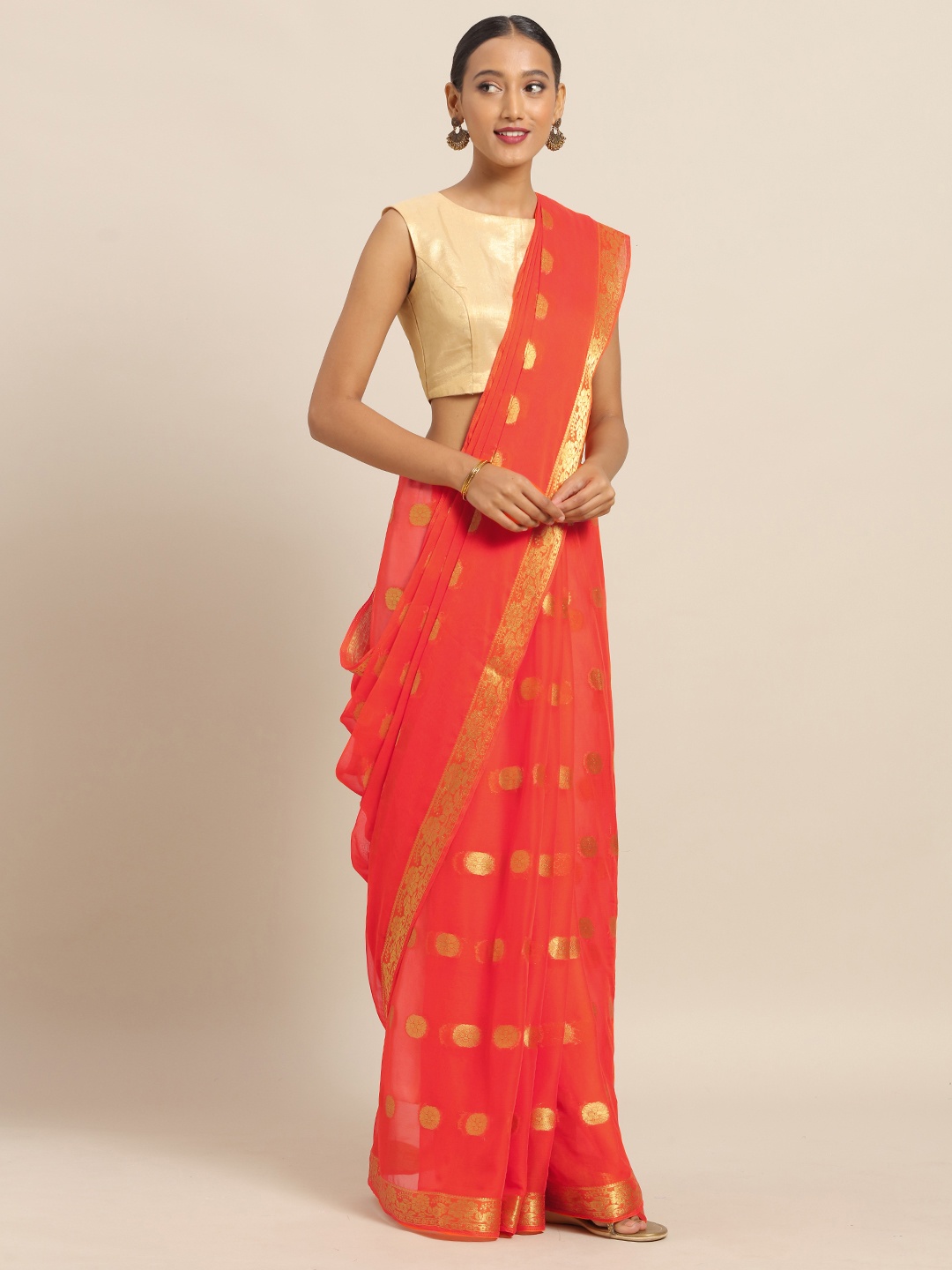 

Saree mall Orange & Gold-Toned Poly Chiffon Woven Design Saree