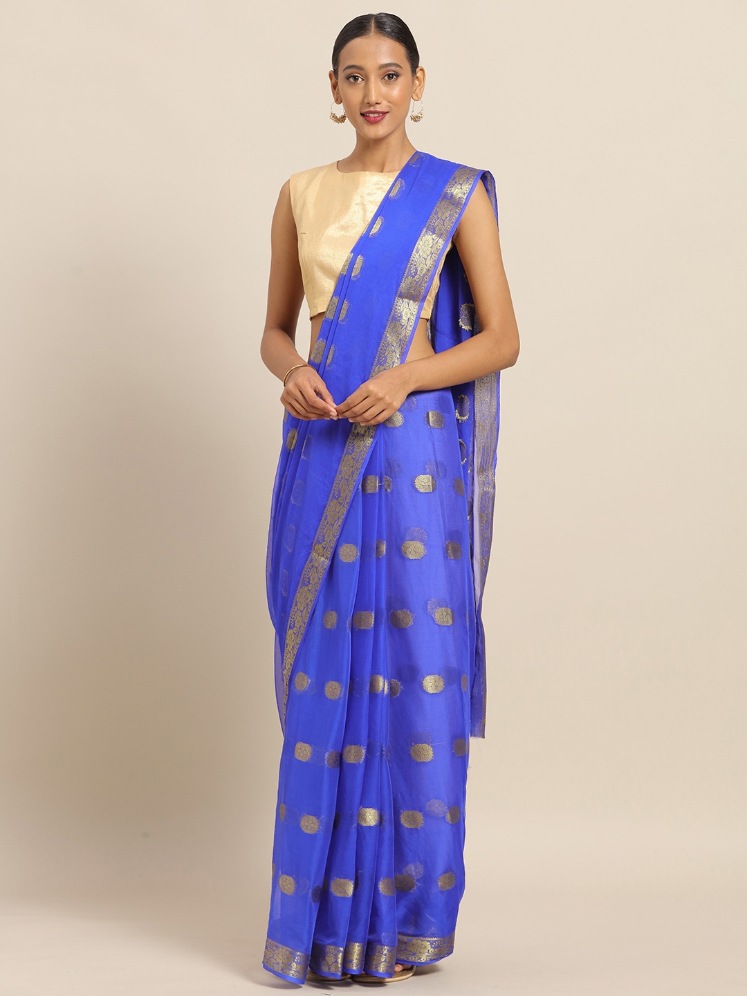 

Saree mall Blue & Gold-Toned Poly Chiffon Woven Design Saree