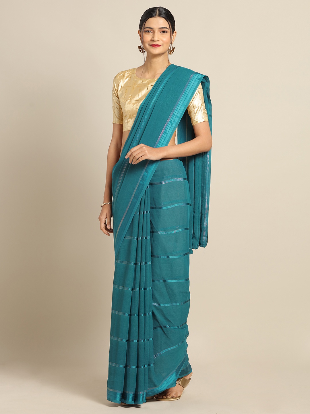 

Saree mall Teal Blue Striped Poly Georgette Saree