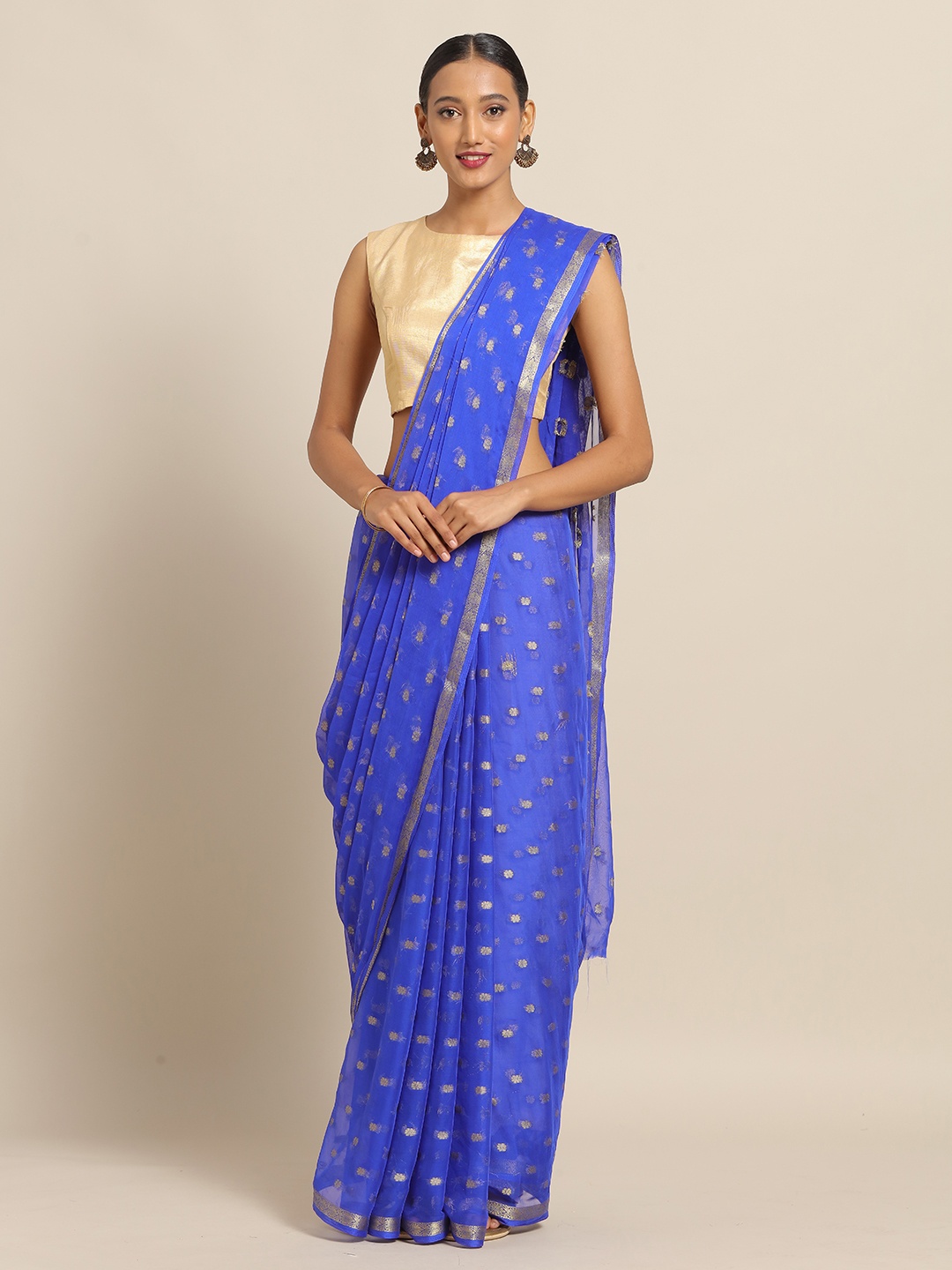 

Saree mall Blue & Gold-Toned Poly Chiffon Woven Design Saree