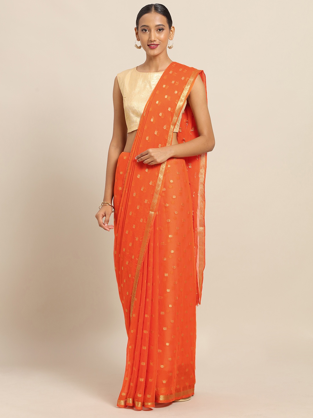 

Saree mall Orange & Gold-Toned Poly Chiffon Woven Design Saree